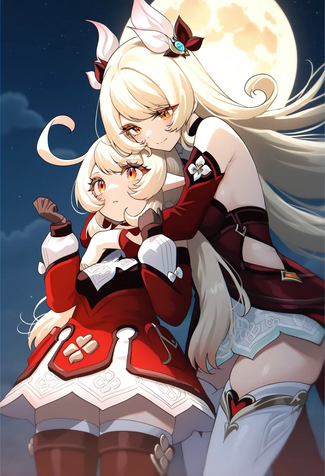 masterpiece,
night,full moon,starry sky,
2girls,hug,genshin impact,
Alice \(Genshin Impact\),red eyes,orange eyes,light blonde hair,
bare shoulders,detached sleeves,red dress,white thighhighs,long sleeves,gloves,thigh boots,dress,boots,white thighhighs,<lora:Alice v0.9_illustrious:1>,
BREAK
klee \(genshin impact\),hug from behind,