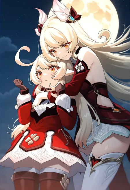 masterpiece,
night,full moon,starry sky,
2girls,hug,genshin impact,
Alice \(Genshin Impact\),red eyes,orange eyes,light blonde hair,
bare shoulders,detached sleeves,red dress,white thighhighs,long sleeves,gloves,thigh boots,dress,boots,white thighhighs,<lora:Alice v0.9_illustrious:1>,
BREAK
klee \(genshin impact\),hug from behind,