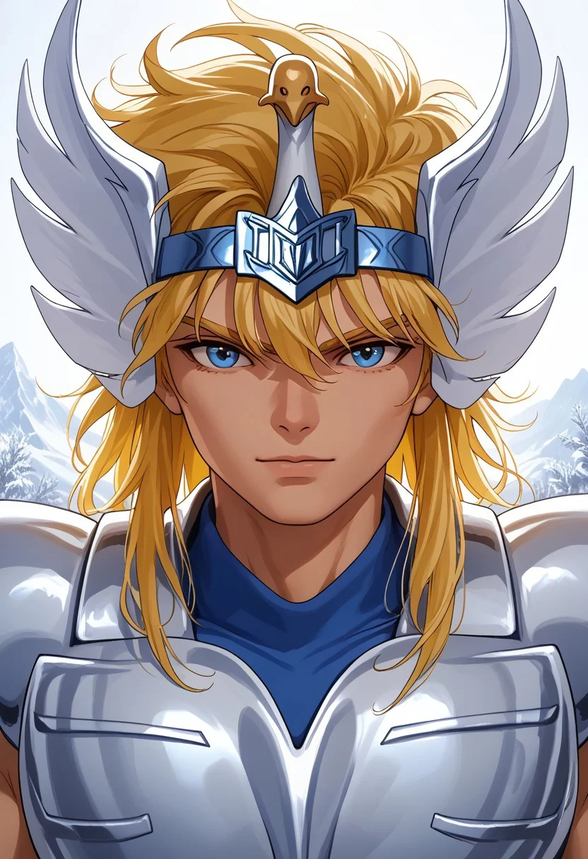 score_9, score_8_up, score_7_up, masterpiece, cygnushyov1, 1boy, blue eyes, slender figure, toned male, swan circlet, silver pauldrons, silver armor,blue undershirt, wavy blonde hair, sleeveless, straight-on, looking at viewer, close-up, portrait, (highly detailed:1.2), (intricate:1.2), (best quality:1.2),(8k:1.2), (sharp:1.2), (majestic:1.2), natural lighting, detail++, snow field backdrop, looking at viewer,