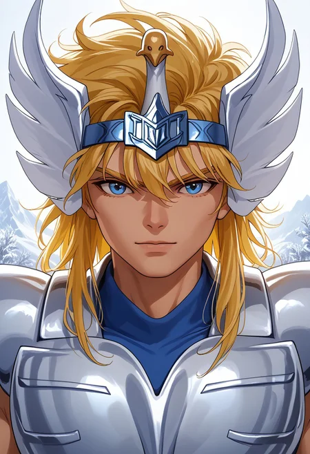 score_9, score_8_up, score_7_up, masterpiece, cygnushyov1, 1boy, blue eyes, slender figure, toned male, swan circlet, silver pauldrons, silver armor,blue undershirt, wavy blonde hair, sleeveless, straight-on, looking at viewer, close-up, portrait, (highly detailed:1.2), (intricate:1.2), (best quality:1.2),(8k:1.2), (sharp:1.2), (majestic:1.2), natural lighting, detail++, snow field backdrop, looking at viewer,
