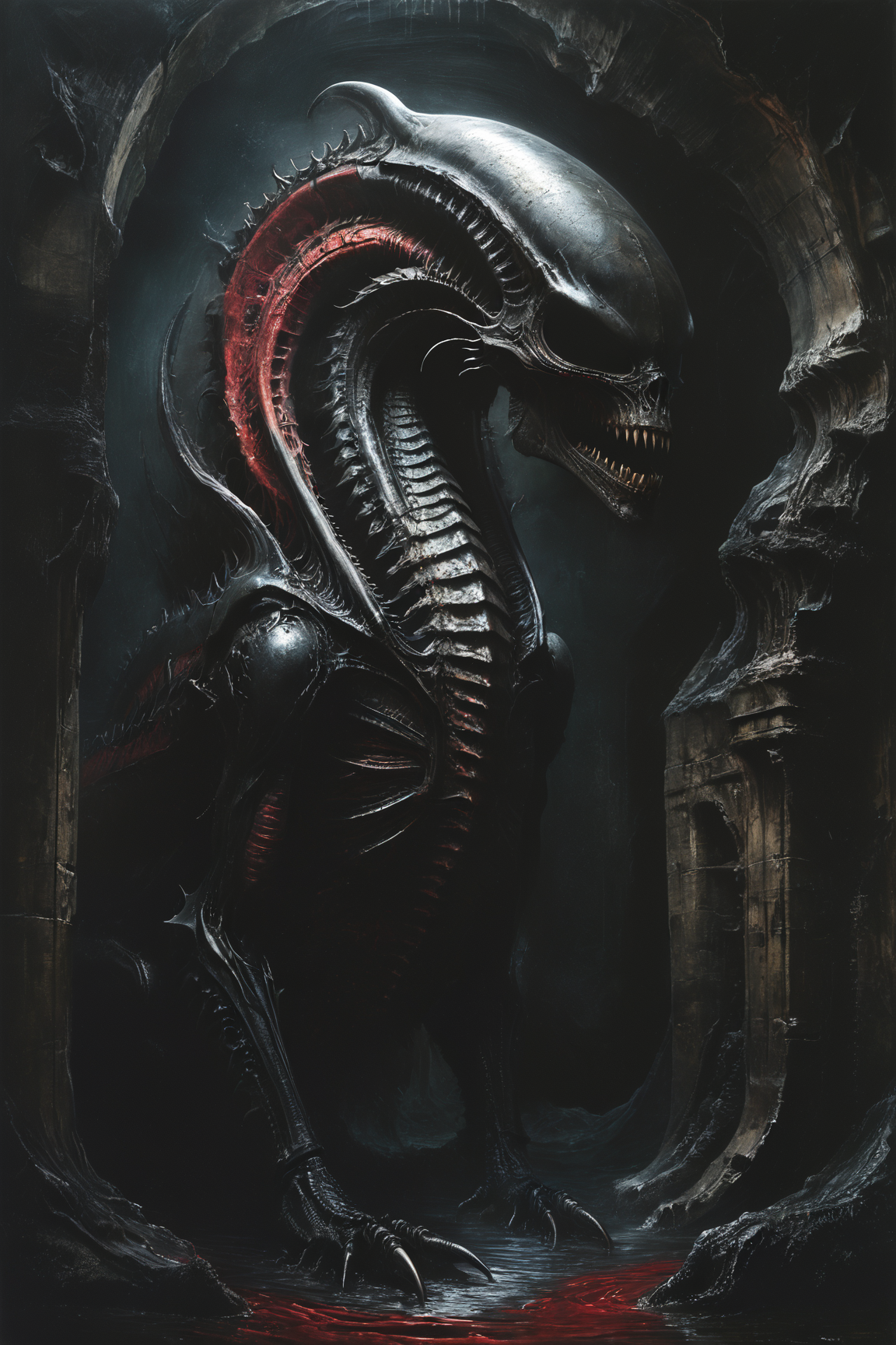 best quality, high quality, detailed schematic, (realistic, photorealistic, absurdres:1.2), <lora:l30_1___XL2400_lora_f32:5>, (chaos:1.3), dark water, deep ocean, macabre, darkness, creature, shadows <lora:tbh295-sdxl:0.5> style of H. R. Giger <lora:zavy-cntrst-sdxl:1> dark, chiaroscuro, low-key, (black dragon, cave, red ink:1.3), <lora:ral-chrosc-bw:1> ral-chrosc-bw <lora:HR_Giger_Style_Pony:1>