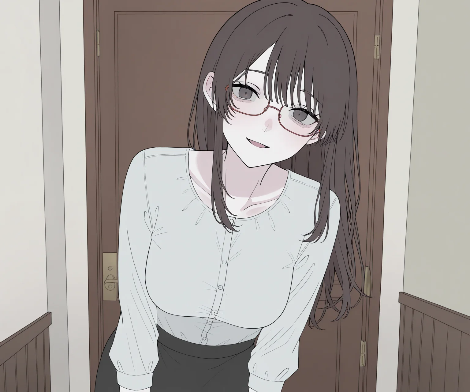 masterpiece, best quality, amazing quality, , 1girl, solo, glasses, , looking at viewer, shirt, skirt, long hair, light smile, open mouth, mature female,  <lora:Happiiakujikijp ILL-v2:1> happiiakujikijp, detailed background