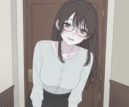 masterpiece, best quality, amazing quality, , 1girl, solo, glasses, , looking at viewer, shirt, skirt, long hair, light smile, open mouth, mature female,  <lora:Happiiakujikijp ILL-v2:1> happiiakujikijp, detailed background