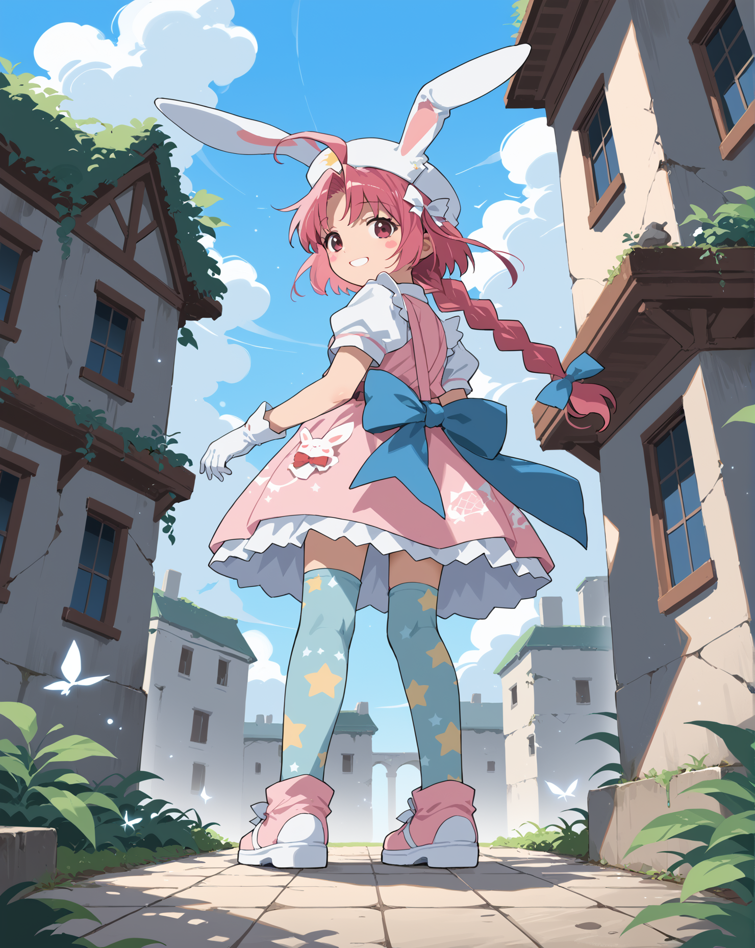 PonyScores7, source_anime, rating_safe, ah1, 1girl, lips, bad-hands-5, <lora:xl_more_art-full_v1:0.2>, <lora:shinyskin2:0.2> glistening skin, <lora:aesthetic_anime_v1s:0.2>, <lora:Expressive_H:0.2> Expressiveh, <lora:hairdetailpxl:0.2> hairdetailpxl, <lora:EpicF4nta5yXL:0.2>, <lora:detailxl:0.2> detailxl, <lora:Fant5yP0ny:0.2>, best quality, amazing quality, best aesthetic, absurdres, <lora:expressive eyes:0.2> expressive eyes, <lora:eyedetailpxl:0.2> eyedetailpxl, illustration, Volumetric_Lighting, ultra-detailed, very aesthetic, intricate details, 8k, masterpiece, best_quality, (Smiling face with hearts), (Low angle (from behind) view medium Distance shot), (Courtyard ruins, Overgrown with tangled vines and moss-covered cobblestones, broken statues scattered around, an eerie fountain with stagnant water, and a faint smell of decay lingering in the air), (playing with her hair), <lora:Eyes_High_Definition:0.3> EyesHD, looking at viewer,  Stable_Yogis_PDXL_Positives, AS-Adult, <lora:nakahara_komugi_pony_v1:0.8> nakahara_komugi, pink hair,hat, animal ears, braid, pink eyes, ahoge, long hair, rabbit ears, wings, star print, jewelry, star (symbol), dress, white gloves, stickers, zettai ryouiki, print thighhighs, winged footwear,