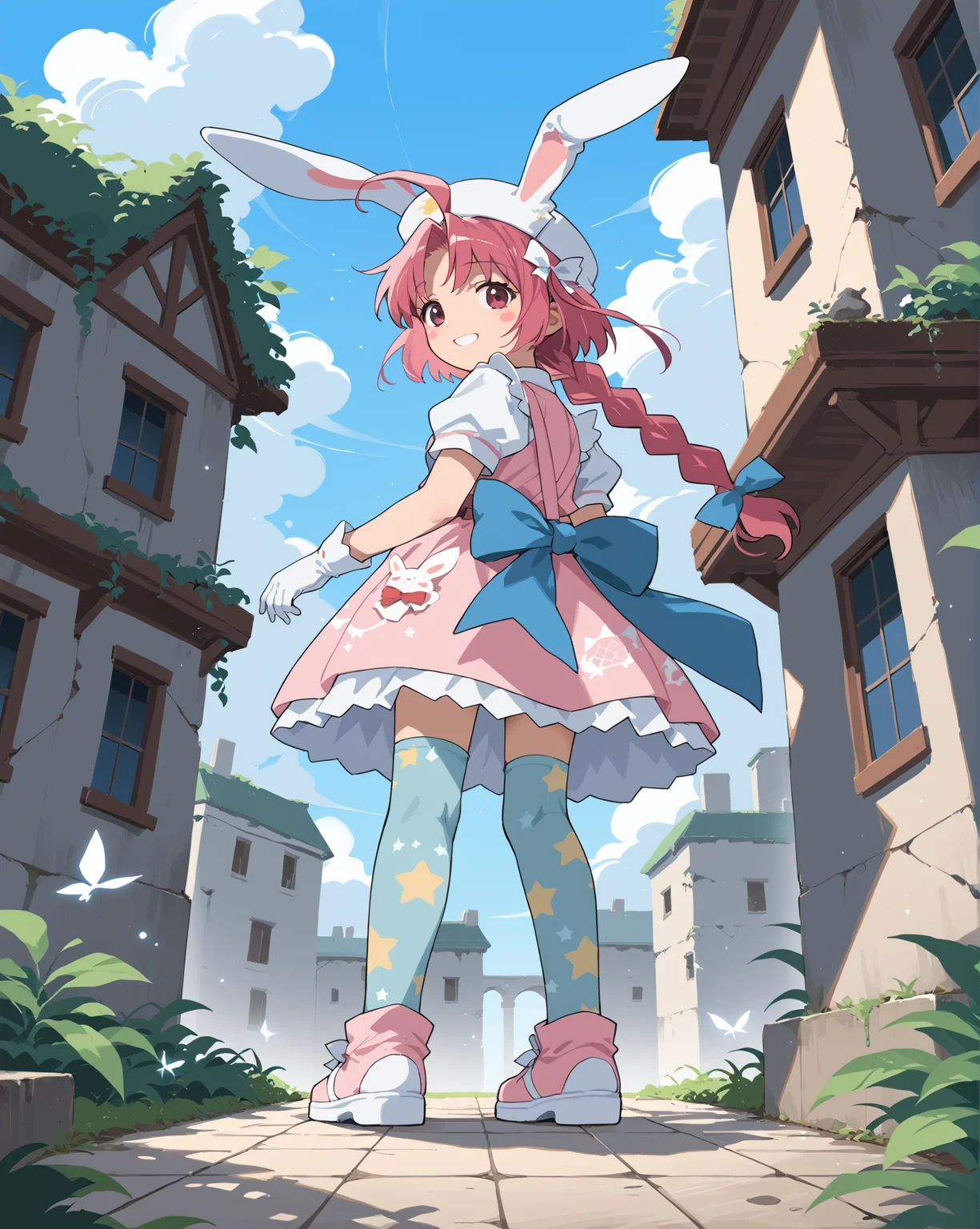 PonyScores7, source_anime, rating_safe, ah1, 1girl, lips, bad-hands-5, <lora:xl_more_art-full_v1:0.2>, <lora:shinyskin2:0.2> glistening skin, <lora:aesthetic_anime_v1s:0.2>, <lora:Expressive_H:0.2> Expressiveh, <lora:hairdetailpxl:0.2> hairdetailpxl, <lora:EpicF4nta5yXL:0.2>, <lora:detailxl:0.2> detailxl, <lora:Fant5yP0ny:0.2>, best quality, amazing quality, best aesthetic, absurdres, <lora:expressive eyes:0.2> expressive eyes, <lora:eyedetailpxl:0.2> eyedetailpxl, illustration, Volumetric_Lighting, ultra-detailed, very aesthetic, intricate details, 8k, masterpiece, best_quality, (Smiling face with hearts), (Low angle (from behind) view medium Distance shot), (Courtyard ruins, Overgrown with tangled vines and moss-covered cobblestones, broken statues scattered around, an eerie fountain with stagnant water, and a faint smell of decay lingering in the air), (playing with her hair), <lora:Eyes_High_Definition:0.3> EyesHD, looking at viewer, Stable_Yogis_PDXL_Positives, AS-Adult, <lora:nakahara_komugi_pony_v1:0.8> nakahara_komugi, pink hair,hat, animal ears, braid, pink eyes, ahoge, long hair, rabbit ears, wings, star print, jewelry, star (symbol), dress, white gloves, stickers, zettai ryouiki, print thighhighs, winged footwear,