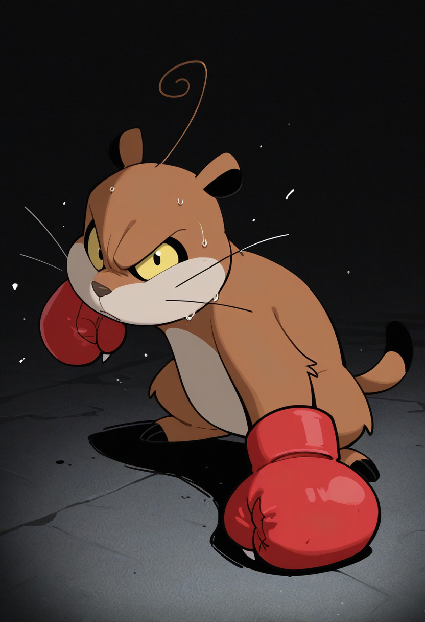 1other, animal focus, standing, punching, from side, sweat, darkness, red boxing gloves, on floor, portrait, looking at viewer, solo, high contrast,
BREAK
xiaozhuxiong, creature, brown body, tan belly, black ears, yellow eyes, claws, whiskers, ahoge,
BREAK
best quality, masterpiece, very aesthetic, absurdres, highest detailed, very awa,  <lora:Xiaozhuxiong_from_The_Legend_Of_Nezha_v1.5:1>