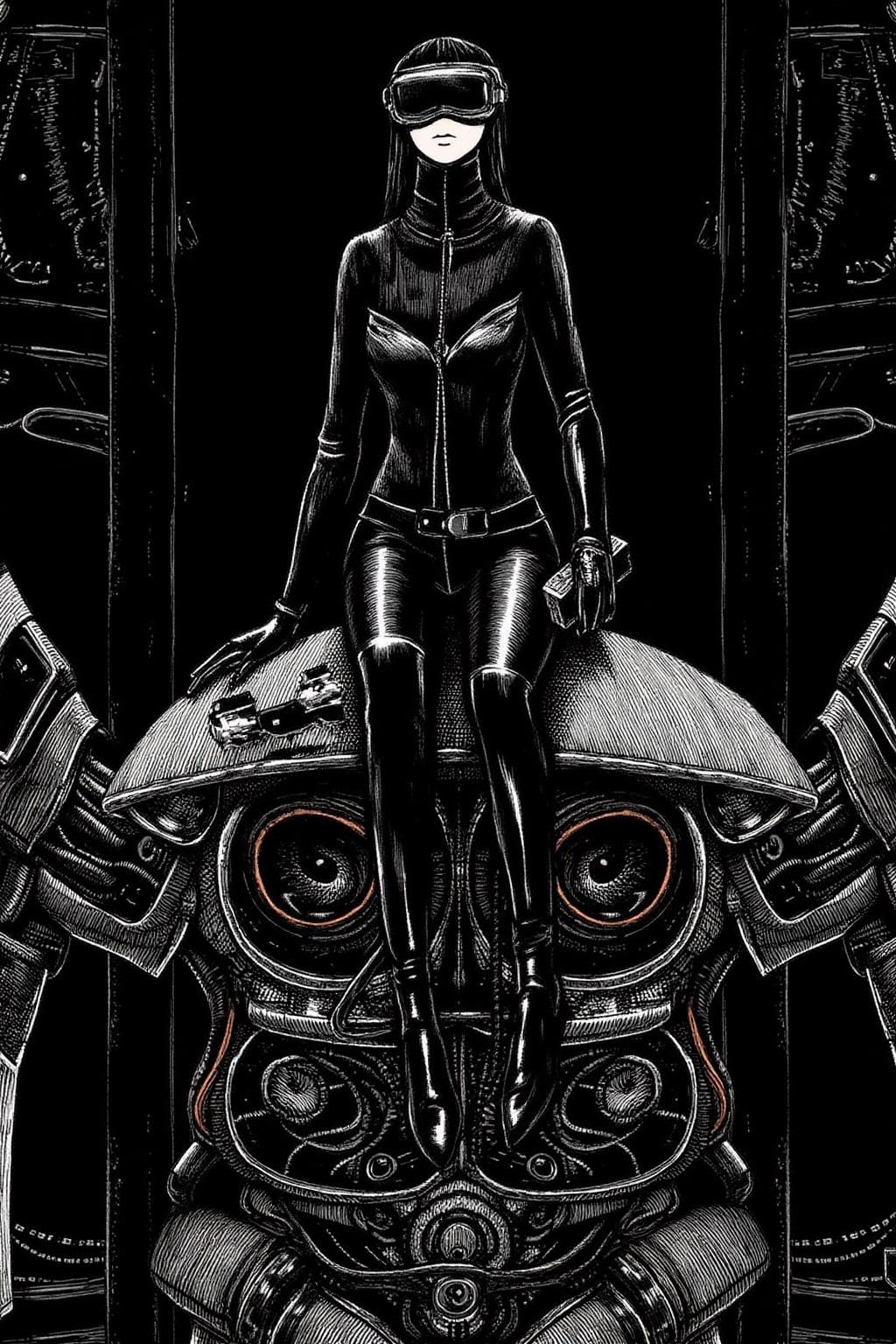 edwardgorey1 illustration.
A striking, futuristic scene depicts a woman dressed in sleek, form-fitting leather attire, sitting confidently atop an open power suit, inspired by the cyberpunk aesthetics of Masamune Shirow. The power suit, a blend of advanced technology and military-grade armor, features intricate mechanical details, exposed wiring, and a robust, yet streamlined design. The woman, wearing a cutting-edge VR headset, exudes a sense of control and mastery over the machine beneath her. Her posture is relaxed yet commanding, with one hand resting on the suit's metallic surface and the other casually holding a piece of advanced tech. The background is a high-tech industrial setting, with dim lighting that casts dramatic shadows, highlighting the fusion of human and machine. The overall atmosphere is one of futuristic coolness and cybernetic elegance, capturing the essence of Shirow's iconic style  <lora:edwardgorey1_d8a4e11:1.0><lora:868154727790025072:0>