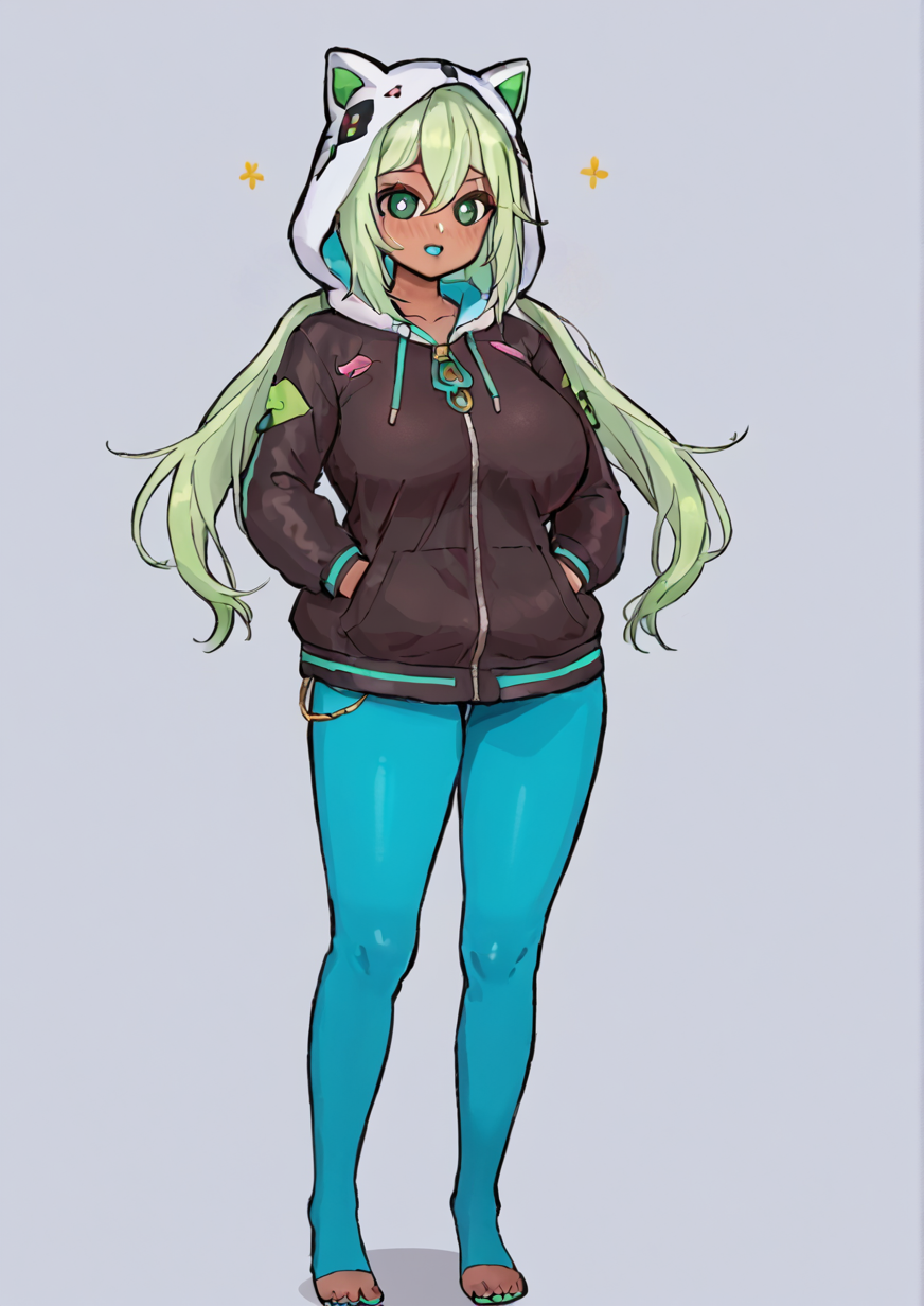 1girl, haura (sasaame), huge breast, , animal hood, aqua pantyhose, black jacket, blush, breasts, dark-skinned female, dark skin, feet out of frame, green eyes, green hair, grey background, hands in pockets, hood, hood up, jacket, long hair, low twintails, pantyhose, partially unzipped, solo, twintails, zPDXL3  <lora:ç¼åç ´édypoli:1>