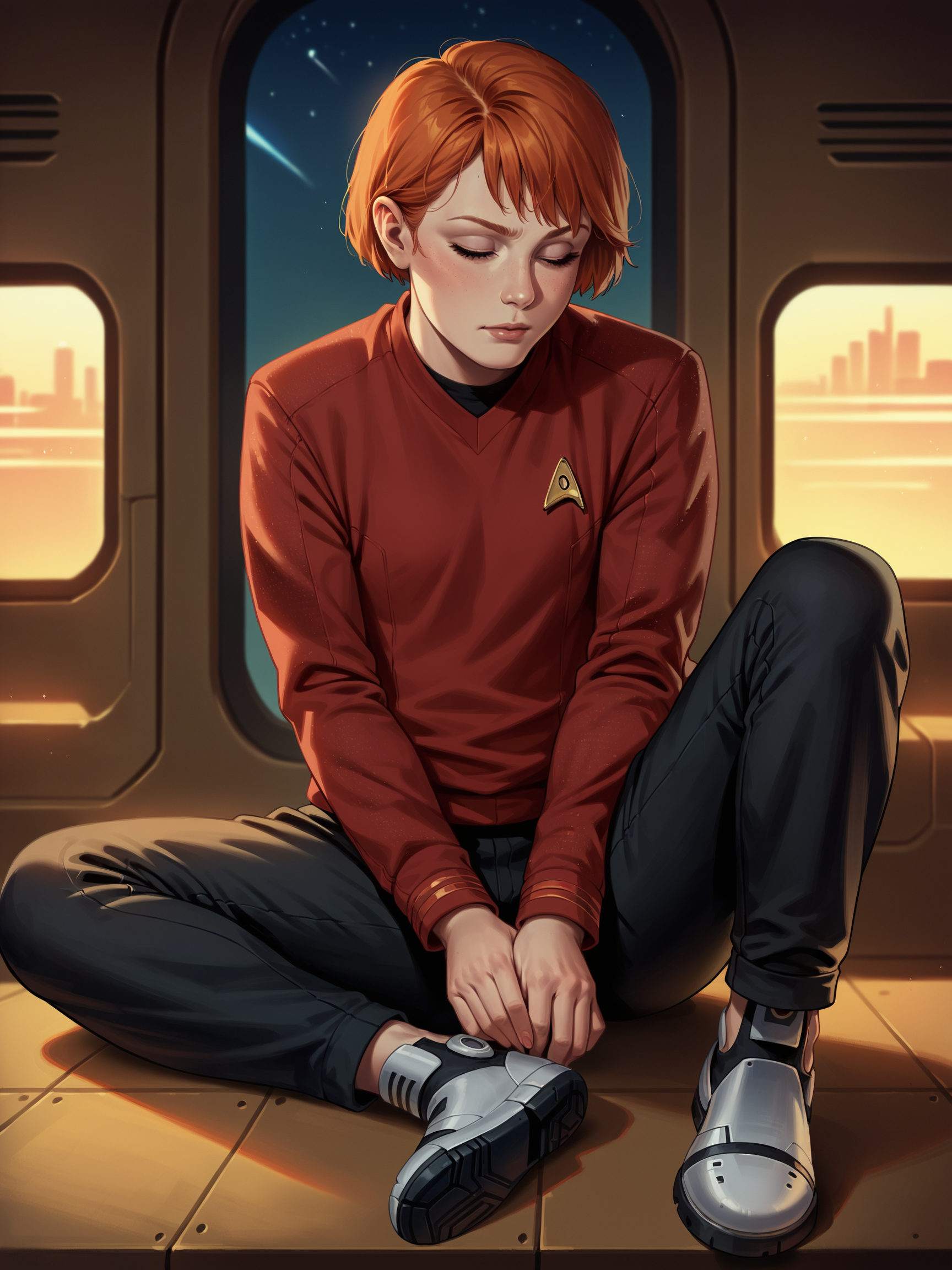 score_9, score_8_up, score_7_up, score_6_up, score_5_up, 1girl in stsnwunf sitting in a command chair on a spaceship,star trek red uniform,short ginger hair,bangs,long sleeves,black pants,spaceship interior, futuristic, scifi, machinery,young woman<lora:ponySNW:0.8>