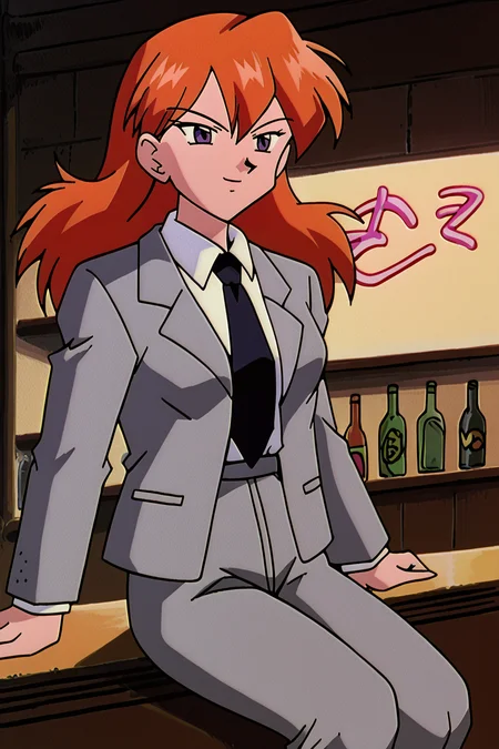 score_9,score_8_up, score_7_up, BREAK ict style,retro artstyle,1girl, solo,cowboy shot, purple eyes, long hair,grey suit,grey jacket, white collared shirt,grey pants, black necktie,medium breasts,indoors,bar,neon sign,shelf,bottle, smile,sitting, contrapposto,orange hair, <lora:PokeMoviesPony:1> <lora:TienPonyV3:1>
