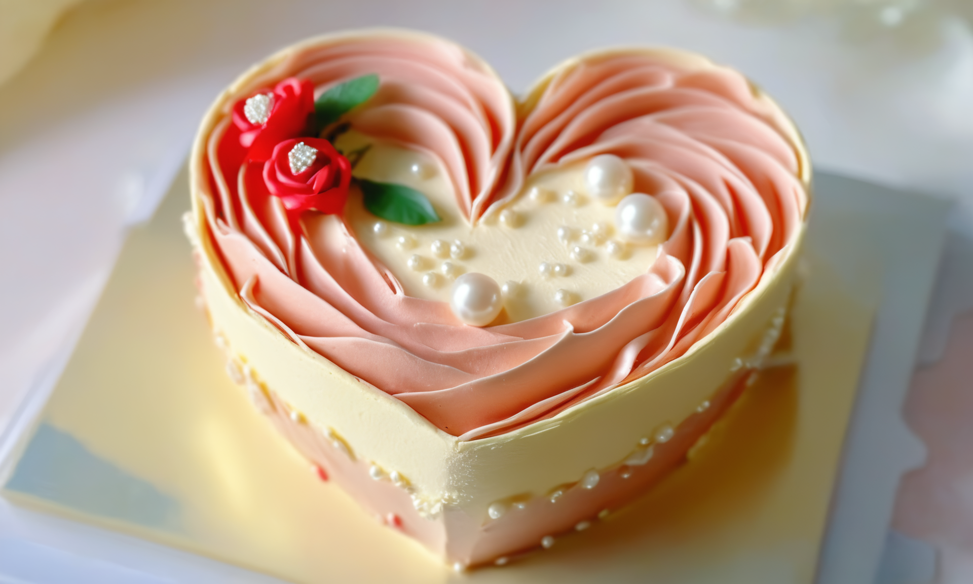 gourmet food photo of <lora:cakecd_xl-000005:0.8>,a single tiered heart-shaped cakecd_xl was placed on dining-table,there is a lot of pearl on the cakecd_xl,and on the top was pink cream rose,beige theme,fine art,detailed,indoors,tilt-shift,miniature,cute and lovely,still life,from front,looking at viewer . soft natural lighting,macro details,vibrant colors,fresh ingredients,glistening textures,bokeh background,styled plating,wooden tabletop,garnished,tantalizing,editorial quality,8K,HDR,UHD,masterpiece,best quality,highly detailed,high resolution,finely detail,extremely detailed,ultra detailed,wallpaper