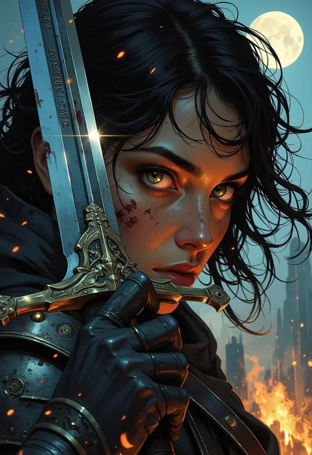 Dark fantasy illustration, ultra-detailed, painterly textures, rich cinematic lighting. An extreme close-up of a mysterious female warrior, her intense, glowing eyes reflecting distant firelight. Her face is partially obscured by swirling strands of windblown hair, damp with sweat and rain. Scars trace across her skin, hinting at battles fought.
Fiery embers drift through the air, caught in the stormy wind, their glow contrasting against the cool blue moonlight illuminating her cheekbones. A single bloodstained gauntlet is raised, gripping the hilt of a rune-etched blade, the reflection of a burning battlefield clearly seen in the reflection of the sword.
Deep contrasts—warm ember glow against the cold, misty background. High-saturation highlights bring out the iridescent sheen on her armor, while soft shadows add depth. Her eyes—piercing gold or ethereal violet—draw the viewer in, making the scene feel alive and full of story.
