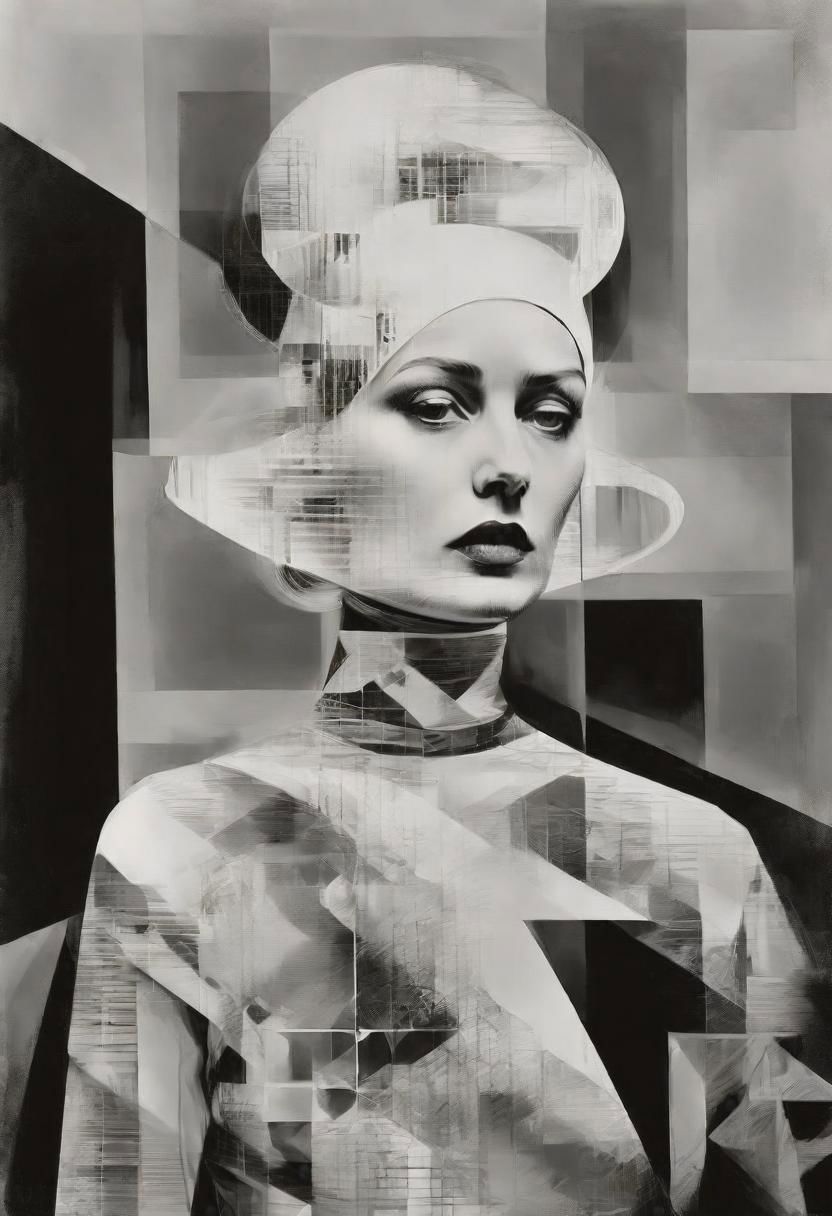 Monochrome black and white, Dali, Magritte, Delvaux, Bellmer, Malevitch, Rodchenko, Mondrian, Kandinsky, Popovna, psychedelic hallucination, pop surrealism, rough crosshatch drawing pop art Lunatic_Portrait of a young woman in latex Avant-garde Fashion page, slick back, low bun, black makeup, sinister expression, intense glare, avant-garde, abstract, weird, geometric, constructivism, suprematism, rayonism, verticism, lineism, tj