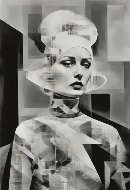 Monochrome black and white, Dali, Magritte, Delvaux, Bellmer, Malevitch, Rodchenko, Mondrian, Kandinsky, Popovna, psychedelic hallucination, pop surrealism, rough crosshatch drawing pop art Lunatic_Portrait of a young woman in latex Avant-garde Fashion page, slick back, low bun, black makeup, sinister expression, intense glare, avant-garde, abstract, weird, geometric, constructivism, suprematism, rayonism, verticism, lineism, tj