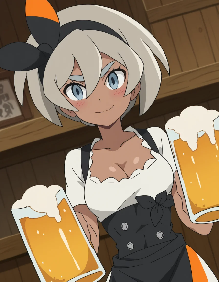 score_9, score_8_up, score_7_up, source_anime, <lora:pokemon-bea-anime-ponyxl-lora-nochekaiser:1>, pokemonbea, blue eyes, dark skin, dark-skinned female, grey hair, hair between eyes, short hair, ribbon, hair ribbon, hairband, black ribbon, black hairband,, <lora:dirndl-ponyxl-lora-nochekaiser:1>, dirndl, german clothes, beer mug, collarbone, cleavage, beer, underbust, waist apron,, indoors, bar, smile, blush,, , cowboy shot, dutch angle
