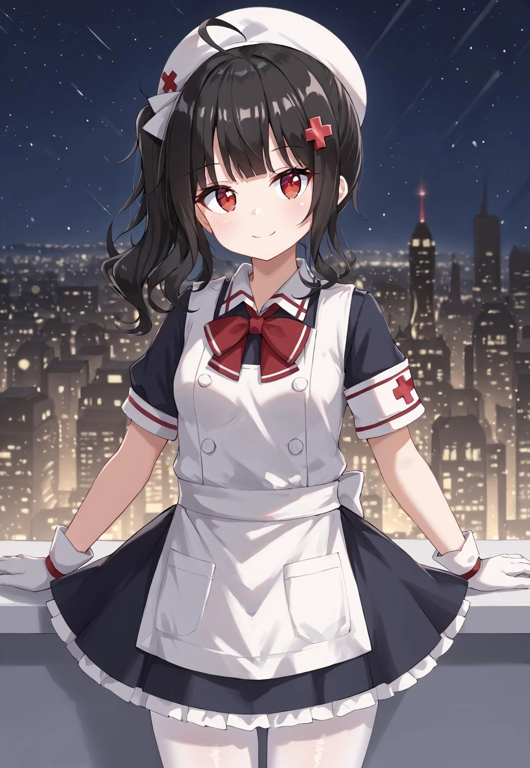 GShMedic, black hair, nurse cap, bangs, x hair ornament, ahoge, red eyes, white headwear, white apron, puffy short sleeves, white gloves, side ponytail, black skirt, black sleeves, red bow, armband, sidelocks, long hair, white pantyhose, collared dress, small breasts,
looking at viewer, head tilt, closed mouth, light smile,
window, city, cityscape, dark, night, night sky,
1girl, solo, solo focus, highres, absurdres, light particles, shade, lens flare, shiny skin, fine fabric emphasis,
