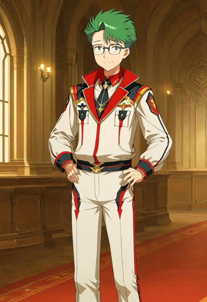 gb4_tao, green hair, short hair, grey eyes, 1boy, solo, male focus, glasses, wear noble outfit, military outfit, white outfit, indoor, inside palace, white wall, expensive decorations, anime style, anime draw style, perfect hands, high quality, best quality, masterpiece, outdoor setting, hands lean on hip, strong legs