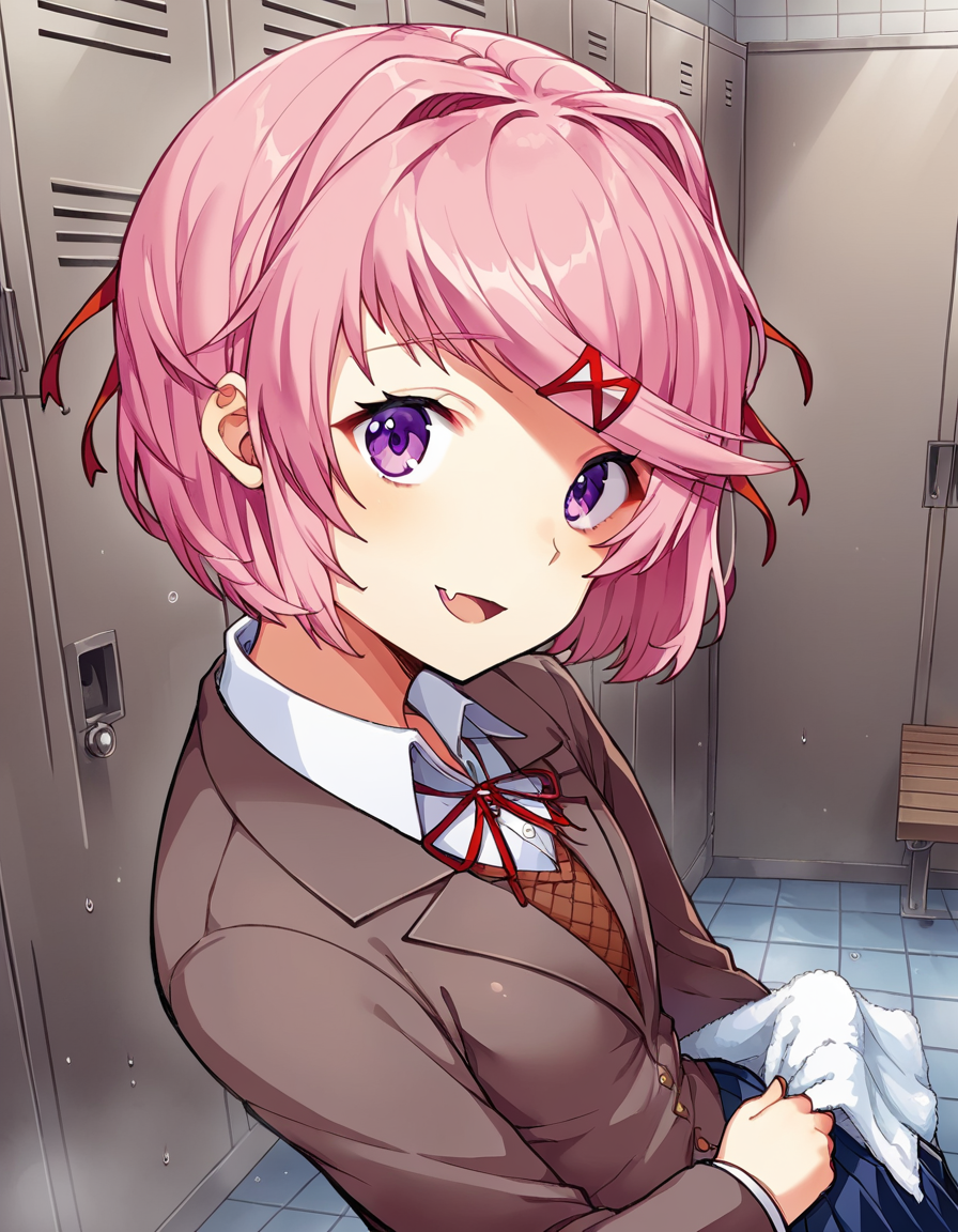score_9, score_8_up, score_7_up, source_anime, <lora:ddlc-natsuki-ingame-ponyxl-lora-nochekaiser:1>, natsuki, fang, hair ornament, pink hair, purple eyes, short hair, short sidetail, swept bangs, x hair ornament,, blazer, blue skirt, brown jacket, collared shirt, jacket, long sleeves, miniskirt, neck ribbon, pleated skirt, red ribbon, ribbon, school uniform, shirt, skirt, swept bangs, vest, white shirt, wing collar,, locker room, lockers, benches, towels, showers, , from above,, looking at viewer, solo,, dutch angle, cowboy shot
