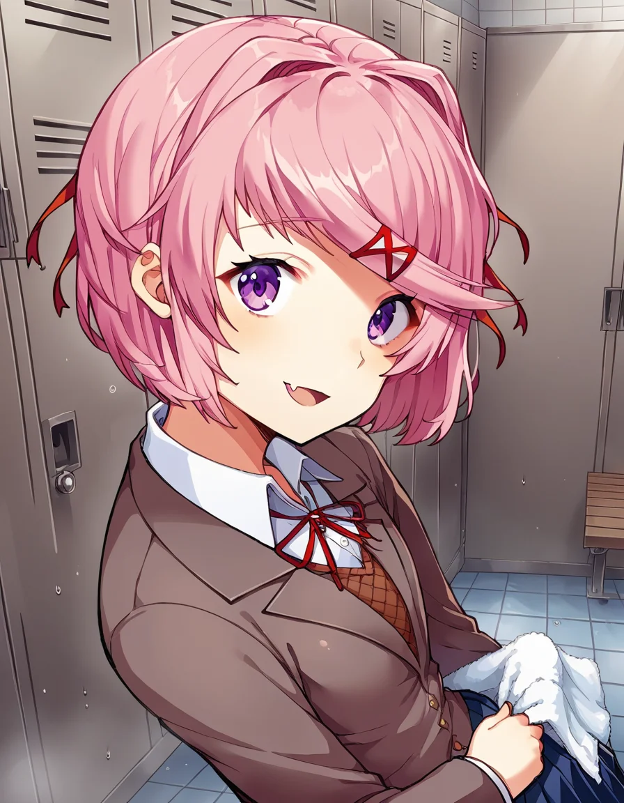 score_9, score_8_up, score_7_up, source_anime, <lora:ddlc-natsuki-ingame-ponyxl-lora-nochekaiser:1>, natsuki, fang, hair ornament, pink hair, purple eyes, short hair, short sidetail, swept bangs, x hair ornament,, blazer, blue skirt, brown jacket, collared shirt, jacket, long sleeves, miniskirt, neck ribbon, pleated skirt, red ribbon, ribbon, school uniform, shirt, skirt, swept bangs, vest, white shirt, wing collar,, locker room, lockers, benches, towels, showers, , from above,, looking at viewer, solo,, dutch angle, cowboy shot