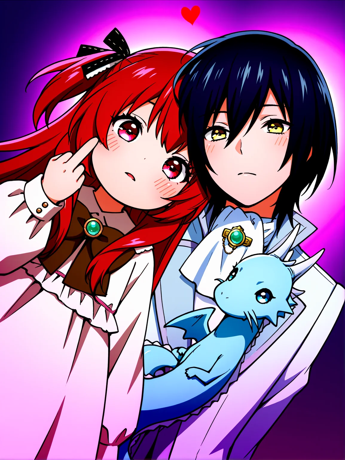 masterpiece, best quality, amazing quality, absurdres, newest, dynamic_angle, defined facial features, anime coloring, anime screencap, heart, chibi,
<lora:2in1_Lilia_Elk_IL2.0v0e:0.8> ccarol lilia, head tilt, black white hair ribbon, cream dress, brown bow, blush lines, dark purple background, side-by-side, tiny blue dragon, on back, side-by-side, green bird, middle finger, von luxel elk, 1boy, white suit, ascot, green brooch