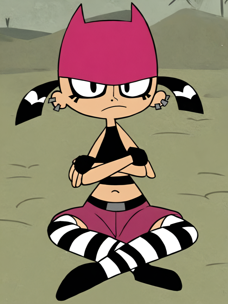 <lora:TiffPony1.0:0.8> tiff, 1girl, black hair, mascara, ear piercing, short hair, short twintails, solo, smile, pink cat hat, black eyes, black crop top, black fingerless gloves, navel, pink shorts, striped thighhighs, sitting,on ground, looking at viewer,  outdoors,crossed arms, frown,