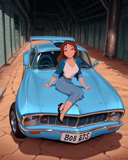 masterpiece, best quality, amazing quality, absurdres, DisneyRenstyle,csngs vehicle focus, sports car, 1girl, looking at viewer, on car's front, smile, shirt, jacket, high heels<lora:Disney_Renaissance_IllustriousV1:1> <lora:cars-and-girls-v3-illustrious:1>