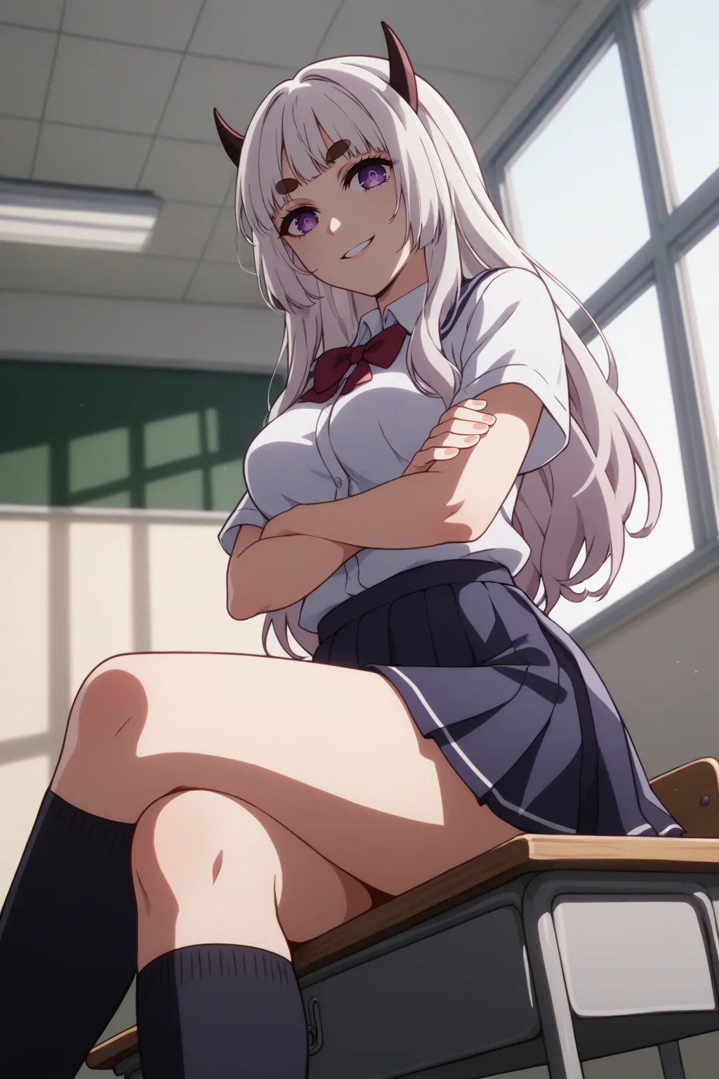 sscore_9, score_8_up, score_7_up, source_anime, 1girl, prefect lighting, very aesthetic, intricate details, highly detailed background, masterpiece, high quality, prefect hands, best quality, solo, 
<lora:Mei_Adashino_Oshi_No_Ko_V2:.85>, KJOmei, white hair, purple eyes, sidelocks, long hair, blunt bangs, demon horns, thick eyebrows,
school uniform, blue pleated skirt, kneehighs, short sleeves, sitting, sitting on desk, 
crossed legs, crossed arms, seductive smile, from below, 
School, classroom, window, sunny,
(Beautiful, medium Breasts:1.2), natural breasts,