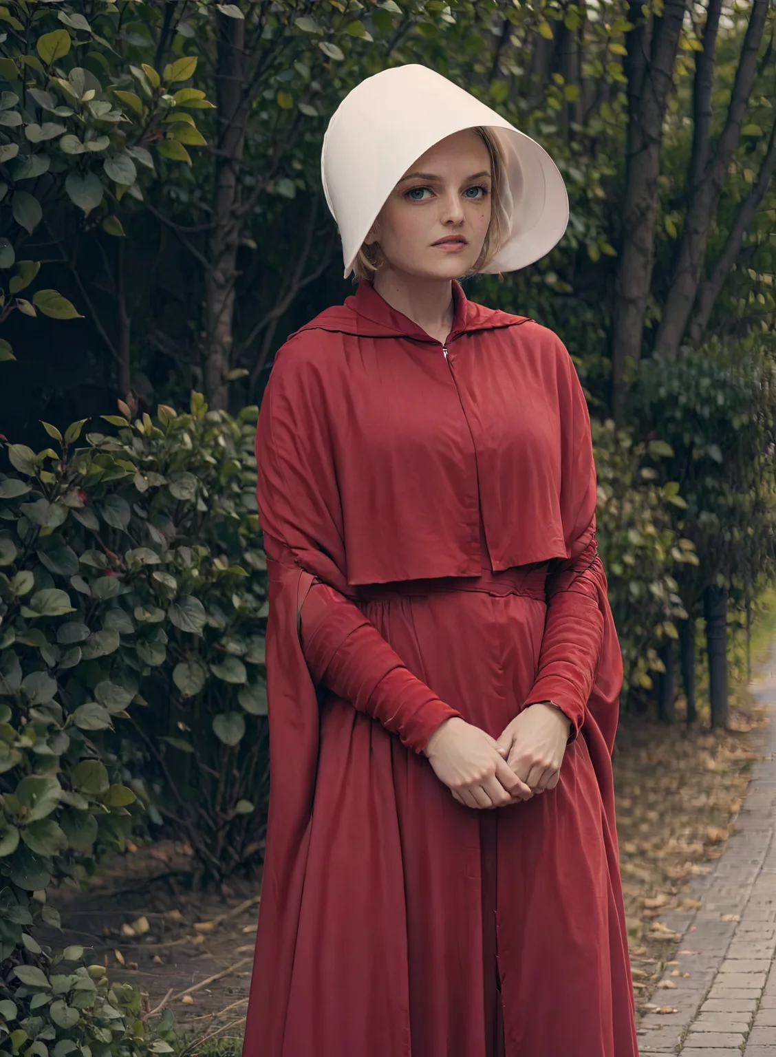 beautiful blonde woman, handmaid dressed in a (red cotton dress:1.1) and (white hat:1.1), handmaid style, <lora:handmaidtale-000008:1> <lora:add-detail-xl:0.8>