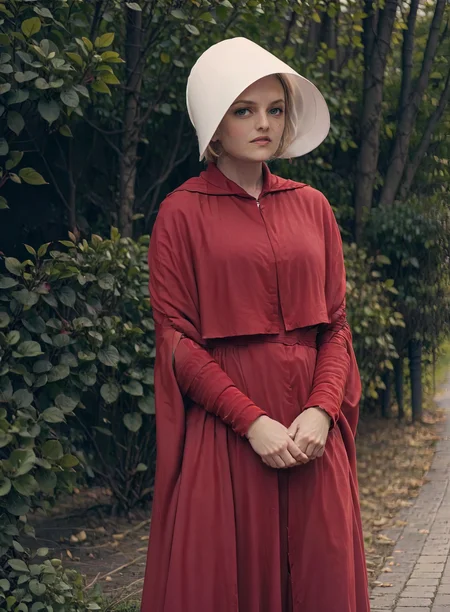 beautiful blonde woman, handmaid dressed in a (red cotton dress:1.1) and (white hat:1.1), handmaid style, <lora:handmaidtale-000008:1> <lora:add-detail-xl:0.8>