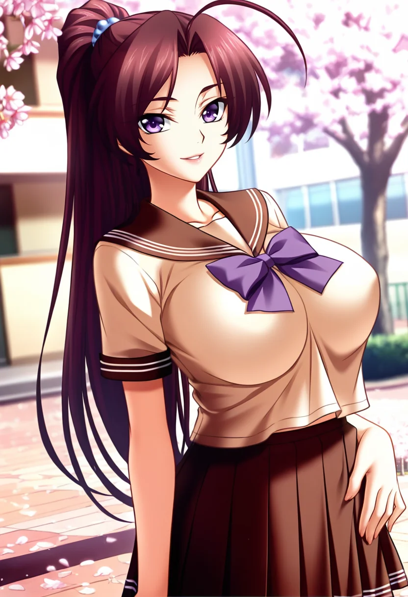 masterpiece, best quality, amazing quality,mifuyu kamijou, purple eyes, maroon hair, long hair, ponytail, ahoge, 1girl, solo, school uniform, breasts,large breasts,serafuku, pleated skirt,light brown shirt, brown skirt, purple bow, short sleeves, mature female,parted lips, light smile, standing, looking at viewer, cowboy shot, blurry background, outdoors, school, cherry blossoms <lora:mifuyu kamijouV1:1>