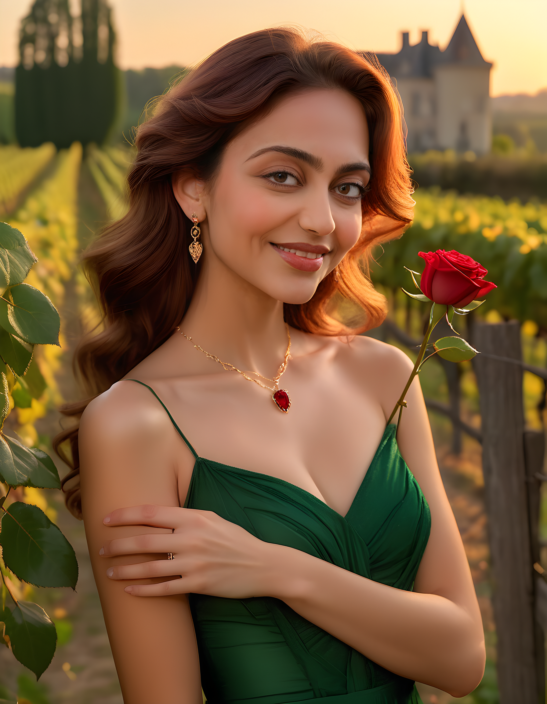 In a vibrant sunset-kissed vineyard, under the golden hour's soft and warm glow, stands a captivating woman named AM832RRB. Her long, wavy brown hair gently flows around her shoulders as she gazes directly at the viewer with a radiant smile, her eyes sparkling like two precious emeralds. Adorned in an elegant dress that complements her golden tan, she sports a pair of dangling earrings and a delicate necklace, her hand delicately cradling a single red rose. The background is a picturesque blend of lush green vines, rustic wooden fences, and the distant silhouette of a charming French chateau, all bathed in the warm hues of the setting sun. The camera angle is slightly low, emphasizing her regal posture and the ethereal beauty of the scene.
