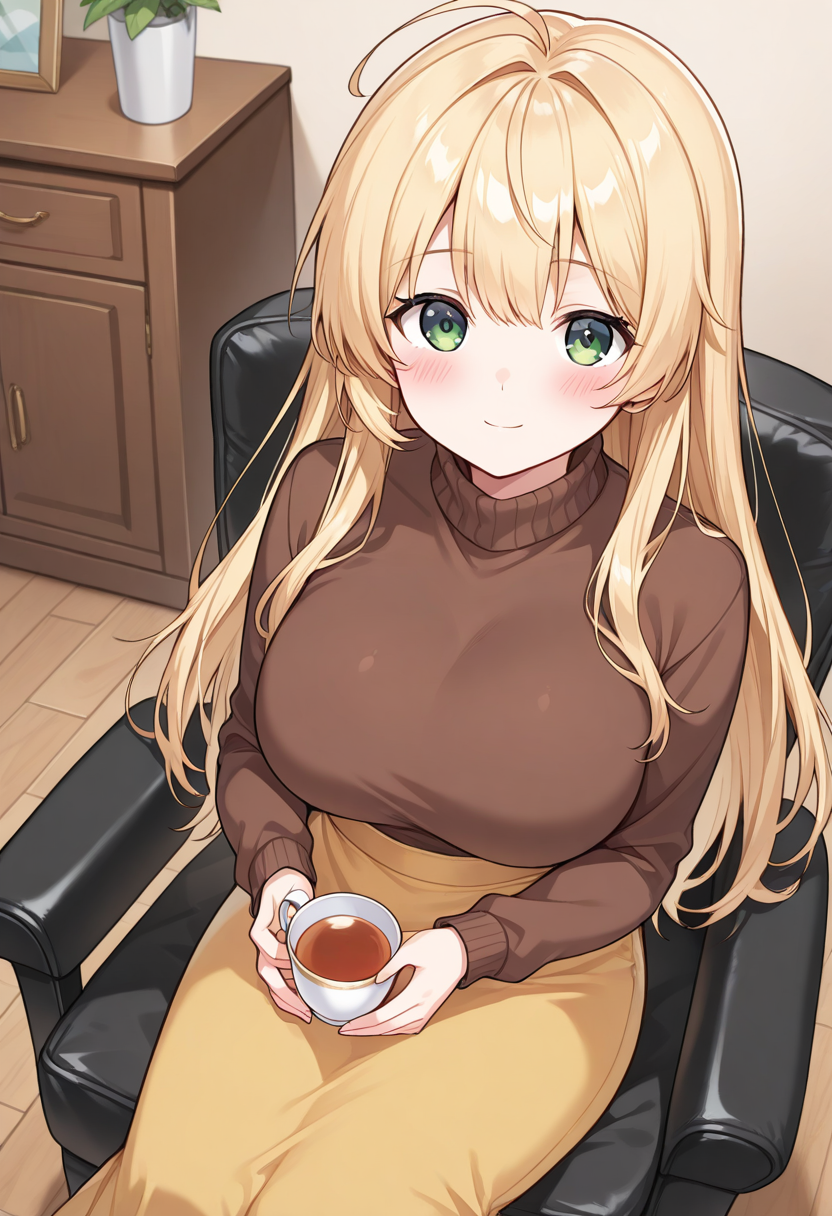 1girl, solo, blonde hair, green eyes, long hair, straight hair, hair down, ahoge, green eyes, large breasts, brown shirt, long sleeves, sweater, turtleneck, yellow skirt, long skirt, sitting, chair, indoors, holding teacup, indoors, home, looking at viewer, from above, blush, soft smile