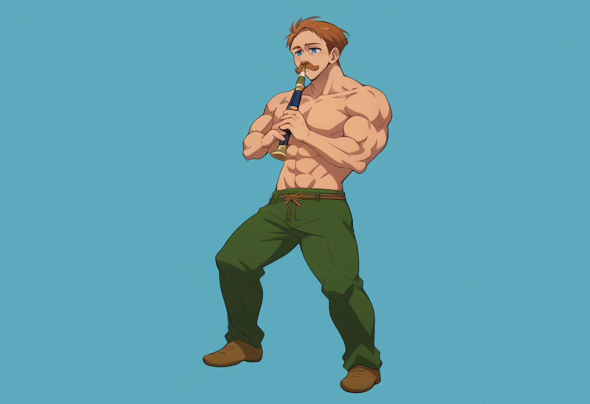 score_9, score_8_up, score_7_up, source_anime, 1boy, solo, Escanor, muscular, short hair, brown hair, mustache, blue eyes, topless male, green pants,  kyoufuuallback, full body, holding flute, simple background, blue background, <lora:ChamEscanorPonyXL:1.0>, <lora:concept_kyoufuuallback_ponyXL:1>