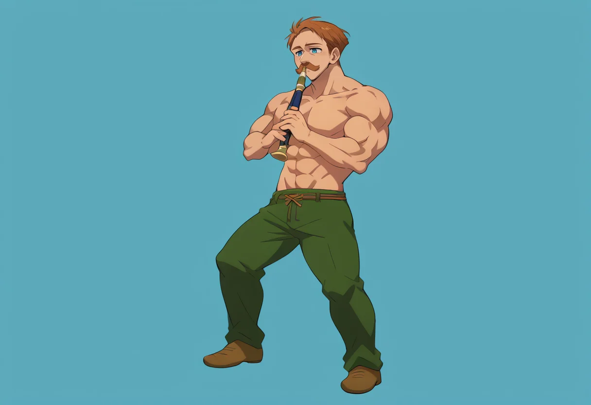 score_9, score_8_up, score_7_up, source_anime, 1boy, solo, Escanor, muscular, short hair, brown hair, mustache, blue eyes, topless male, green pants, kyoufuuallback, full body, holding flute, simple background, blue background, <lora:ChamEscanorPonyXL:1.0>, <lora:concept_kyoufuuallback_ponyXL:1>