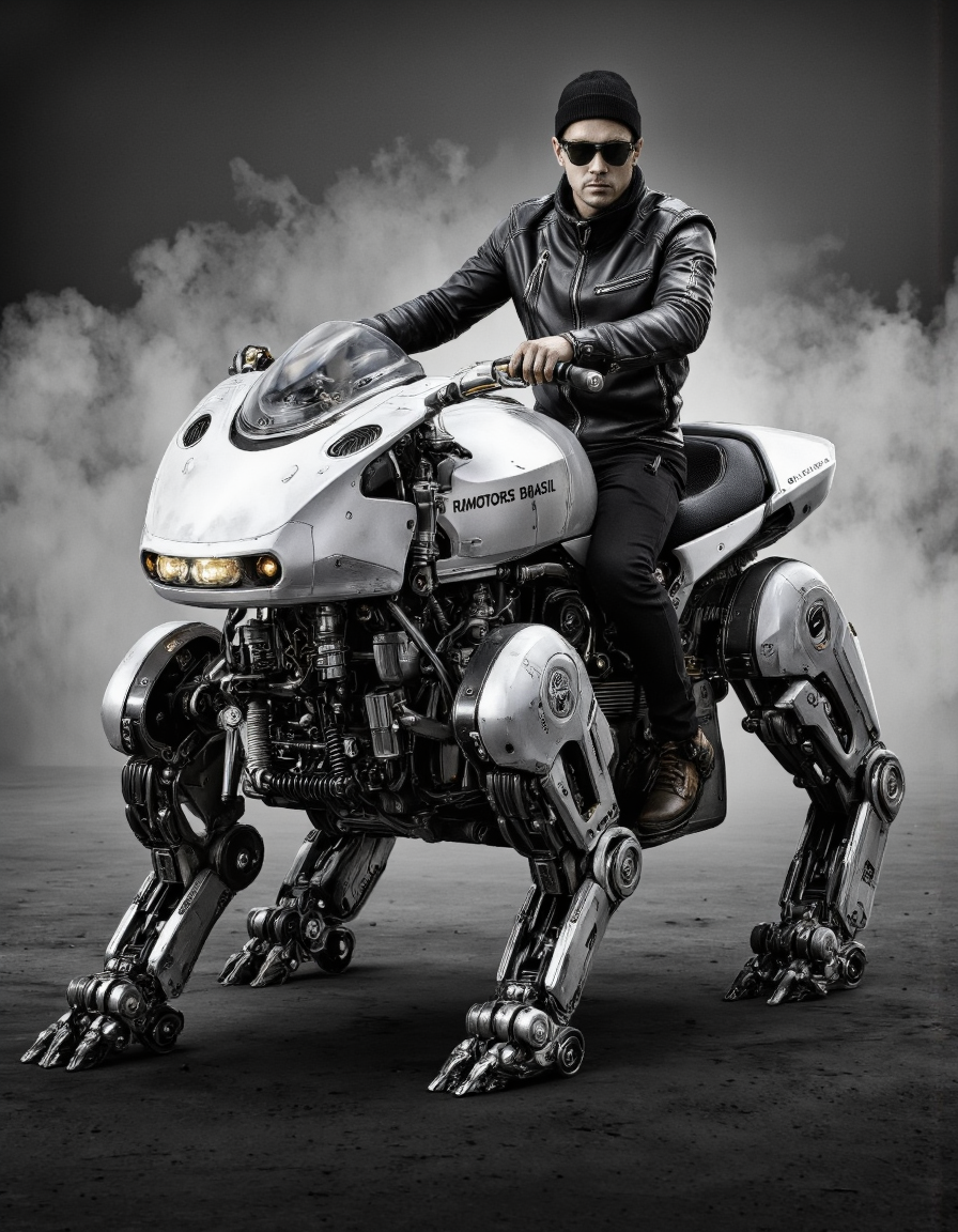 A black and white photo shoot from a front camera angle about a futuristic robot riding a motorcycle, wearing a leather jacket and sunglasses. in the middle of the image, a muscular man, who appears to be in his late twenties, is sitting on a motorcycle. he is wearing a black leather jacket, black pants, and a black beanie, and has a serious expression on his face. the motorcycle has a sleek, metallic design with a large headlight and the words "RMOTORS BRASIL" written on the side. the man is positioned at the front of the motorcycle, with the motorcycle in front of him, and the background is a dark, smoky environment with a gradient effect. the image also shows the robot's mechanical arms and legs, which are visible as well as its headlights.