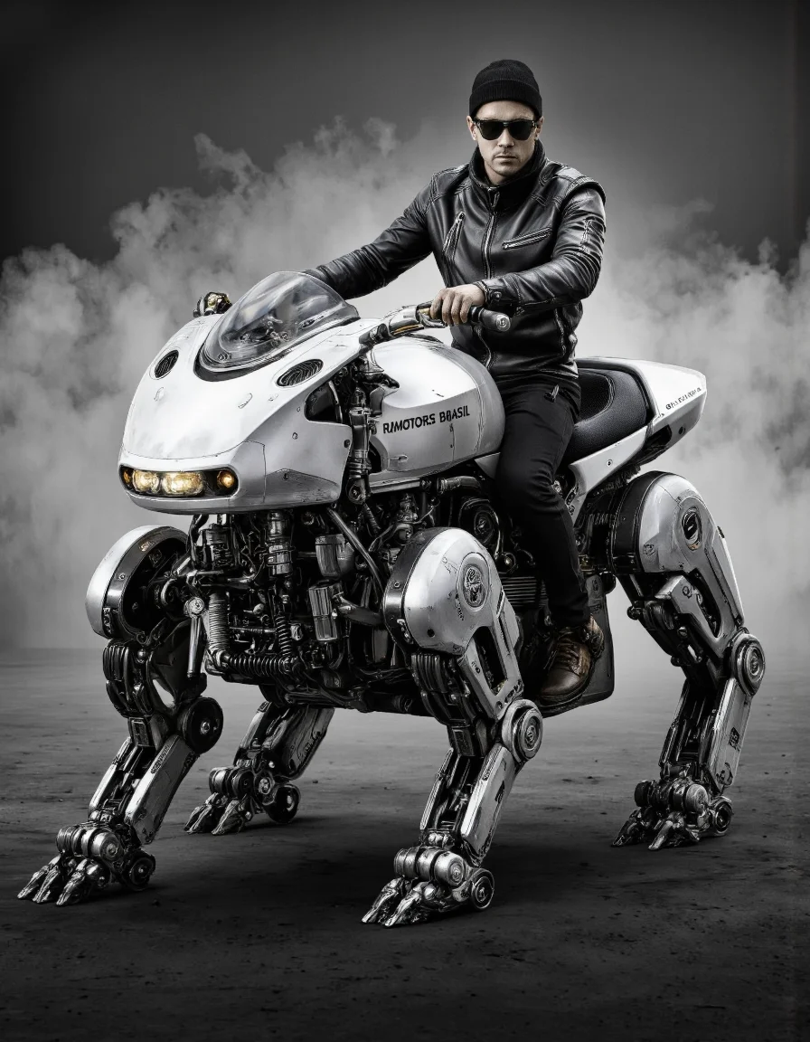 A black and white photo shoot from a front camera angle about a futuristic robot riding a motorcycle, wearing a leather jacket and sunglasses. in the middle of the image, a muscular man, who appears to be in his late twenties, is sitting on a motorcycle. he is wearing a black leather jacket, black pants, and a black beanie, and has a serious expression on his face. the motorcycle has a sleek, metallic design with a large headlight and the words "RMOTORS BRASIL" written on the side. the man is positioned at the front of the motorcycle, with the motorcycle in front of him, and the background is a dark, smoky environment with a gradient effect. the image also shows the robot's mechanical arms and legs, which are visible as well as its headlights.