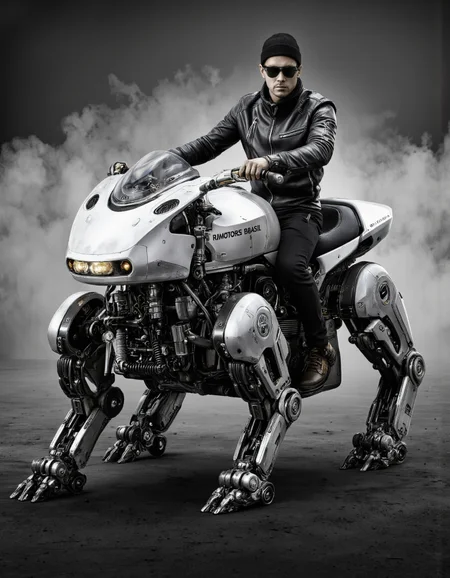 A black and white photo shoot from a front camera angle about a futuristic robot riding a motorcycle, wearing a leather jacket and sunglasses. in the middle of the image, a muscular man, who appears to be in his late twenties, is sitting on a motorcycle. he is wearing a black leather jacket, black pants, and a black beanie, and has a serious expression on his face. the motorcycle has a sleek, metallic design with a large headlight and the words "RMOTORS BRASIL" written on the side. the man is positioned at the front of the motorcycle, with the motorcycle in front of him, and the background is a dark, smoky environment with a gradient effect. the image also shows the robot's mechanical arms and legs, which are visible as well as its headlights.