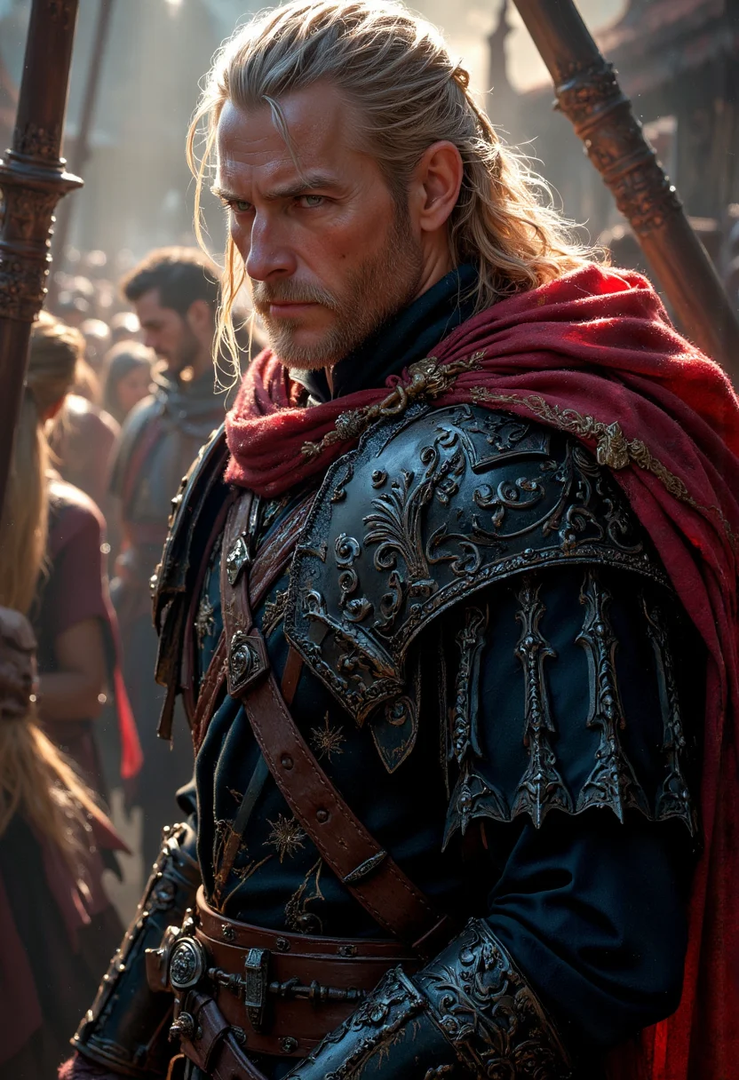 Highly detailed and realistic medieval character. A ranger in a cinematic action. The background is bathed in dramatic lighting.