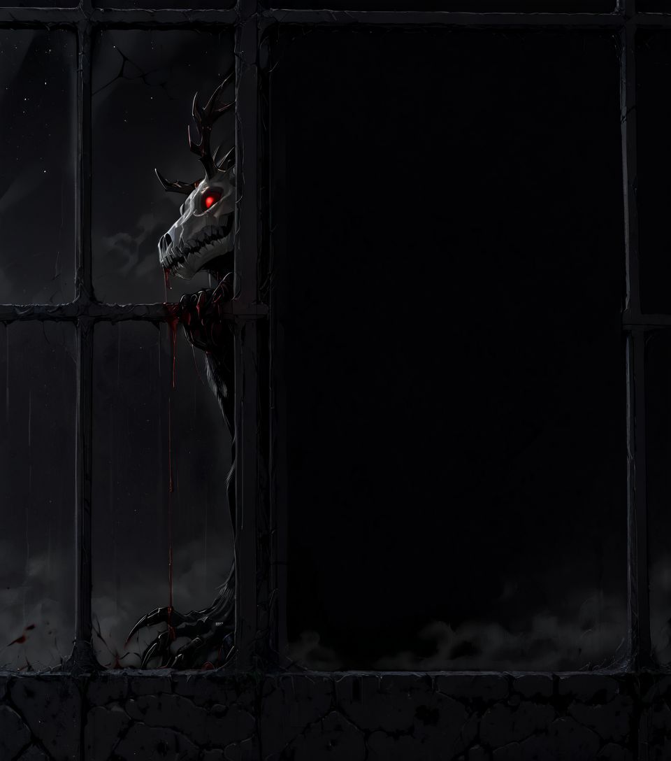 score_9, score_8_up, score_7_up, score_6_up, source_monster, BREAK, ((((outside of window)))),  glass, (outside glass), closed window, three quarter view, looking in, close up, window fog, (closed mouth), blood, (scratched window), claw mark on window, ((((darkness)))),(pitch black), night time, ((obscured by darkness)), glowing eyes in darkness, barely visible, hidden, hiding, blackest black, black background, (w3ndigo), (glowing eyes),  skull face, antlers,  sharp teeth, black skin,<lora:Wendigo for PonyXL:0.6>, <lora:SDXL_Black_Sa_May:2>