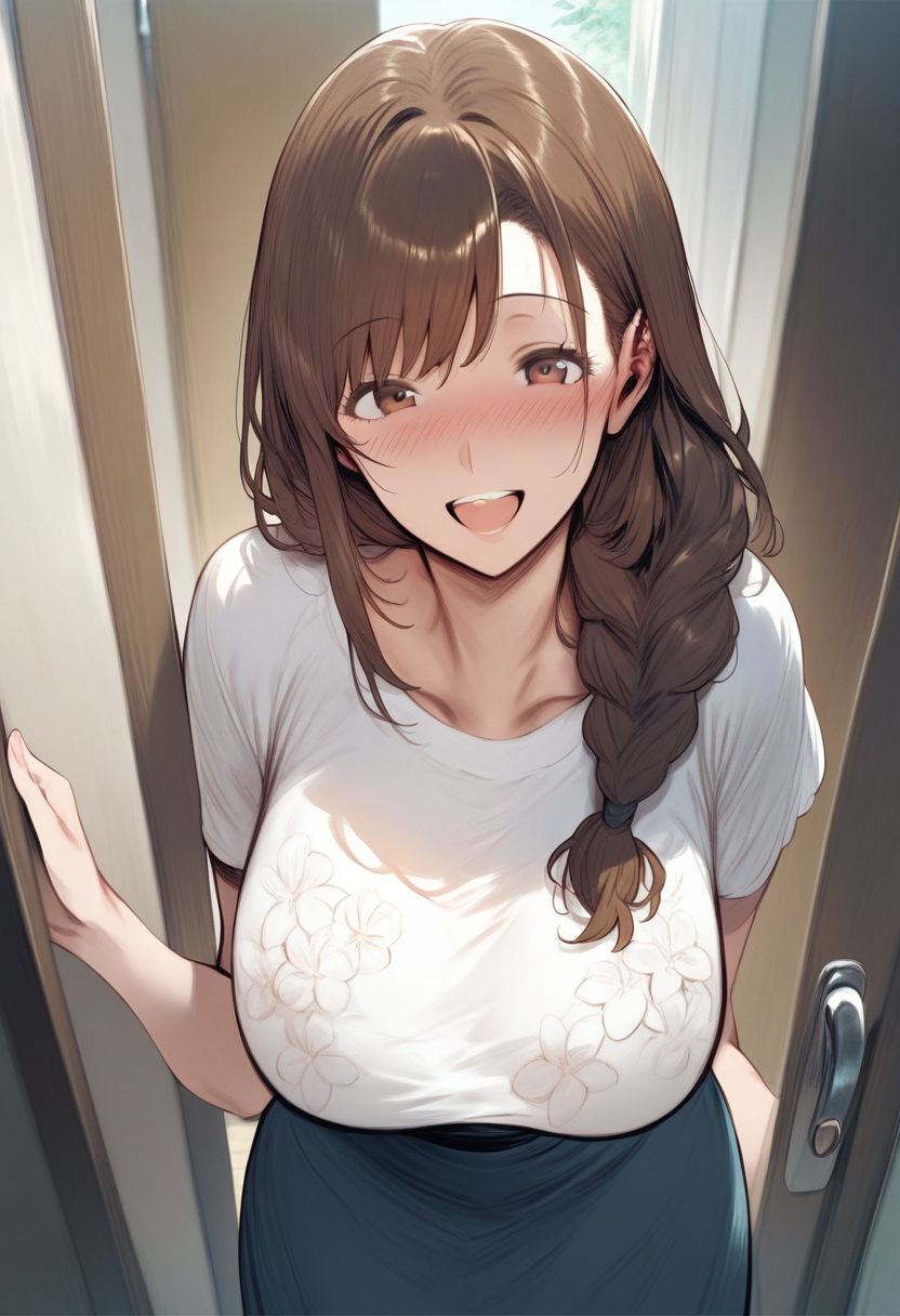 score_9, score_8_up, score_7_up, score_6_up, score_5_up, score_4_up, source_anime, <lora:SET v0.1:1>,
1girl, breasts, skirt, mature female, motherly, aged up, solo, huge breasts, shirt, looking at viewer, doorway, smile, white shirt, open mouth, long hair, short sleeves, braid, brown hair, hair over shoulder, blue skirt, brown eyes, blush, door, open door, floral print, standing, indoors, long skirt, single braid, pov doorway, upper teeth only, teeth