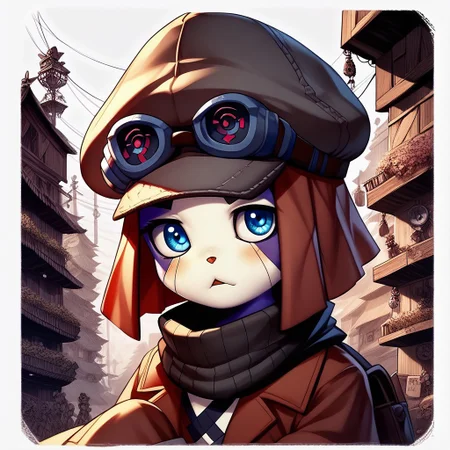 digimon offmon wearing longsleeve, hat, googles, metal tendrils coming from his back, concept art, realistic, dark theme, low light,, verybadimagenegative_v1.3, zPDXL3, poster art