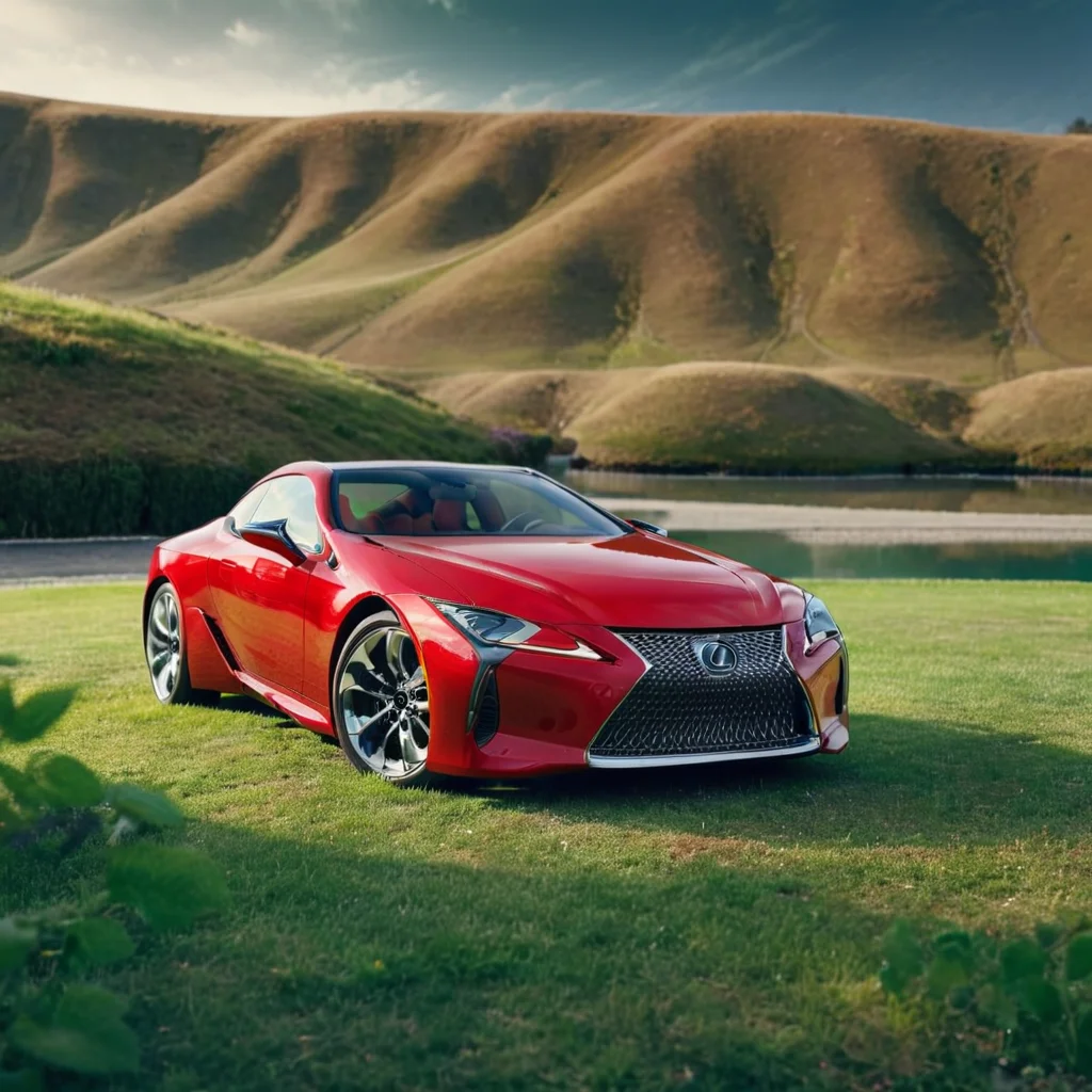 realistic photo of a red lexuslc car on green grass, outside, cinematic, <lora:LexusLC_SDXL_v1:1>