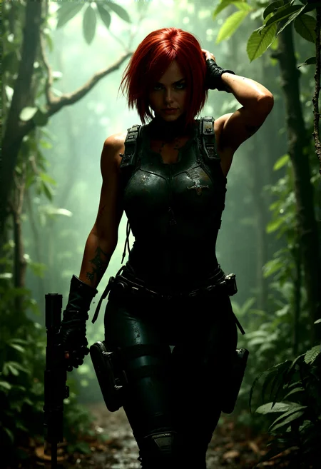 extremely photorealistic ultra-detailed, An intense, photorealistic photography of Regina cautiously advancing
with her rifle on standby through a dense jungle that surrounds a hidden research outpost. Her bob cut red hair, blending with the shadows cast by the thick canopy above. Her blue eyes are sharp, scanning the area for any signs of danger. She wears her sleeveless black tactical bodysuit, which clings to her athletic frame and is equipped with grey armor plating on her chest and forearms. The suit is smeared with mud and foliage, camouflaging her presence. In one hand, she adjusting her hair, while the other hand rests on her handgun, ready for any sudden attack. Her arms has a noticable scratch, and injury. The background is a mix of lush vegetation and the faint outline of the research facility, partially hidden by vines and overgrowth. The atmosphere is tense, with the distant sounds of wildlife and the occasional roar of unseen dinosaurs, adding to the sense of imminent danger as Regina approaches her objective.
cinematic lighting, extremely intricate detail character, accurate depiction of character, correct body anatomy,
correct hands and fingers, extremely intricate skin and facial texture detail, intricate black bodysuit design,lifelike potrayal, extrememly realistic lighting, extreme dynamic pose