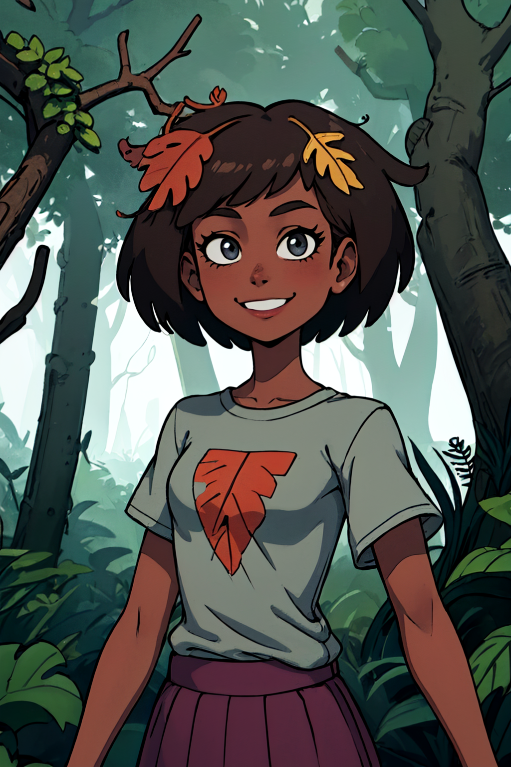 <lora:AnneAmphibia2.0:0.7> anne, 1girl, short hair, dark-skinned female, leaf on head, grey shirt, skirt, looking at viewer, smile, forest, best quality, high quality, masterpiece, absurdres, upper body,