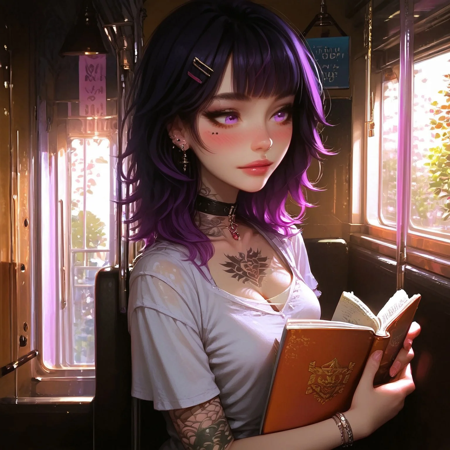 embedding:urn:air:sd1:embedding:civitai:222256@250708, (score_9, score_8_up, score_7_up), Vida Munoz, a girl reading a book on a train sitting down, ((medium shot)), ((side view)), full-face blush, detailed eyes, ((purple eyes)), (eyes looking at book), smile, piercings, lot of piercings, upper body, breasts,  vida munoz, 1girl, (sitting down), solo, black and purple hair, tattoos, ((chest tattoo), wolf-cut hairstyle, (wolf-cut hairtsyle:1.2), medium hair, (holding book with one hand), (slim fit), pose, boob focus, closeup, boobs squeezed together, sit in a train, train cabin, train window background, ((egirl)), cleavage, ((reading)), legs apart, wide hips, thick thighs, perfect, hands, dappled sunlight, enjoy expression, embedding:urn:air:sd1:embedding:civitai:87243@287973