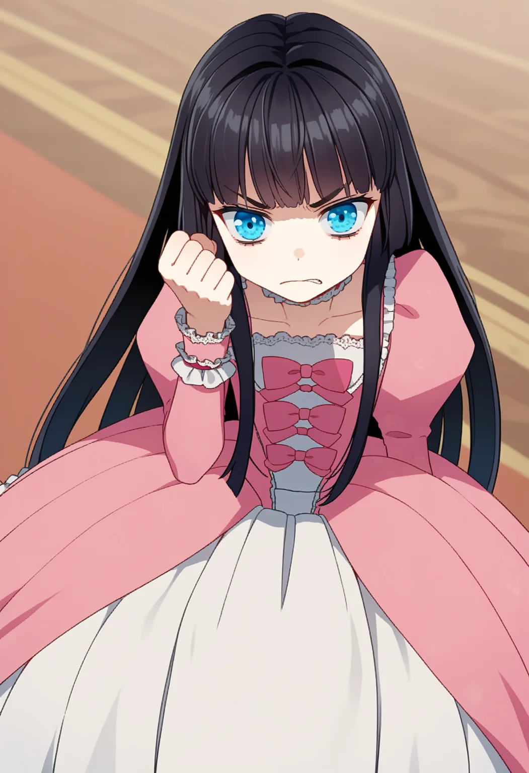 score_9, score_8_up, score_7_up, source_anime, ,
BREAK
1girl, solo,
<lora:shiAbiDaughtV1:1>, 
shiabidaughdef, vnstyle,
black hair, blue eyes, long hair, blunt bangs, hime cut, 
frilled dress, pink bow, pink dress, long sleeves, puffy sleeves, juliet sleeves,
frills, long dress, 
looking at viewer, angry, from above, incoming attack, clenched hand,