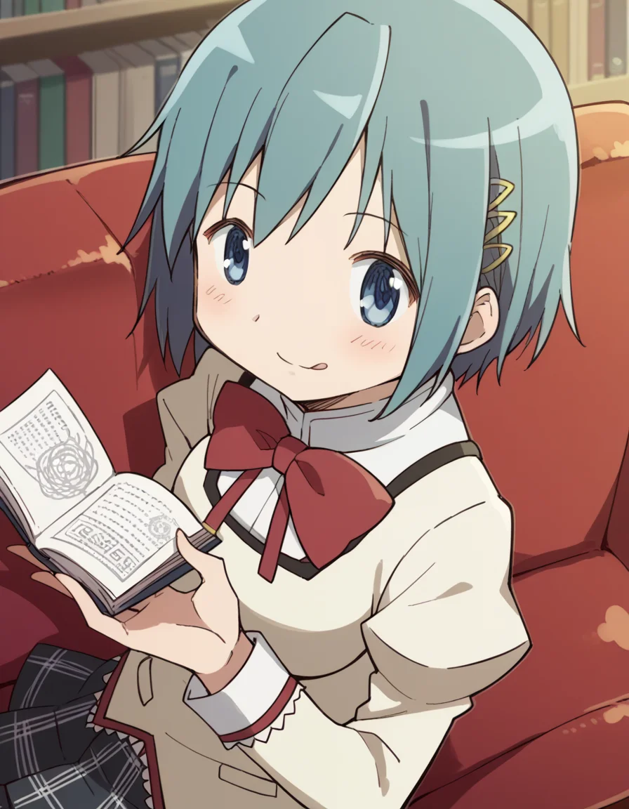 score_9, score_8_up, score_7_up, source_anime, <lora:sayaka-miki-s1-ponyxl-lora-nochekaiser:1>, sayaka miki, short hair, blue eyes, hair ornament, blue hair, hairclip, medium breasts,, skirt, school uniform, mitakihara school uniform, puffy sleeves, plaid skirt, pleated skirt, bowtie, red bowtie, library, books, shelves, reading, quiet, smile, <lora:money-gesture-ponyxl-lora-nochekaiser:1>, money gesture, blush, sitting, couch, arm support, smile, tongue out, knee up, from above, looking at viewer, solo,, dutch angle, cowboy shot