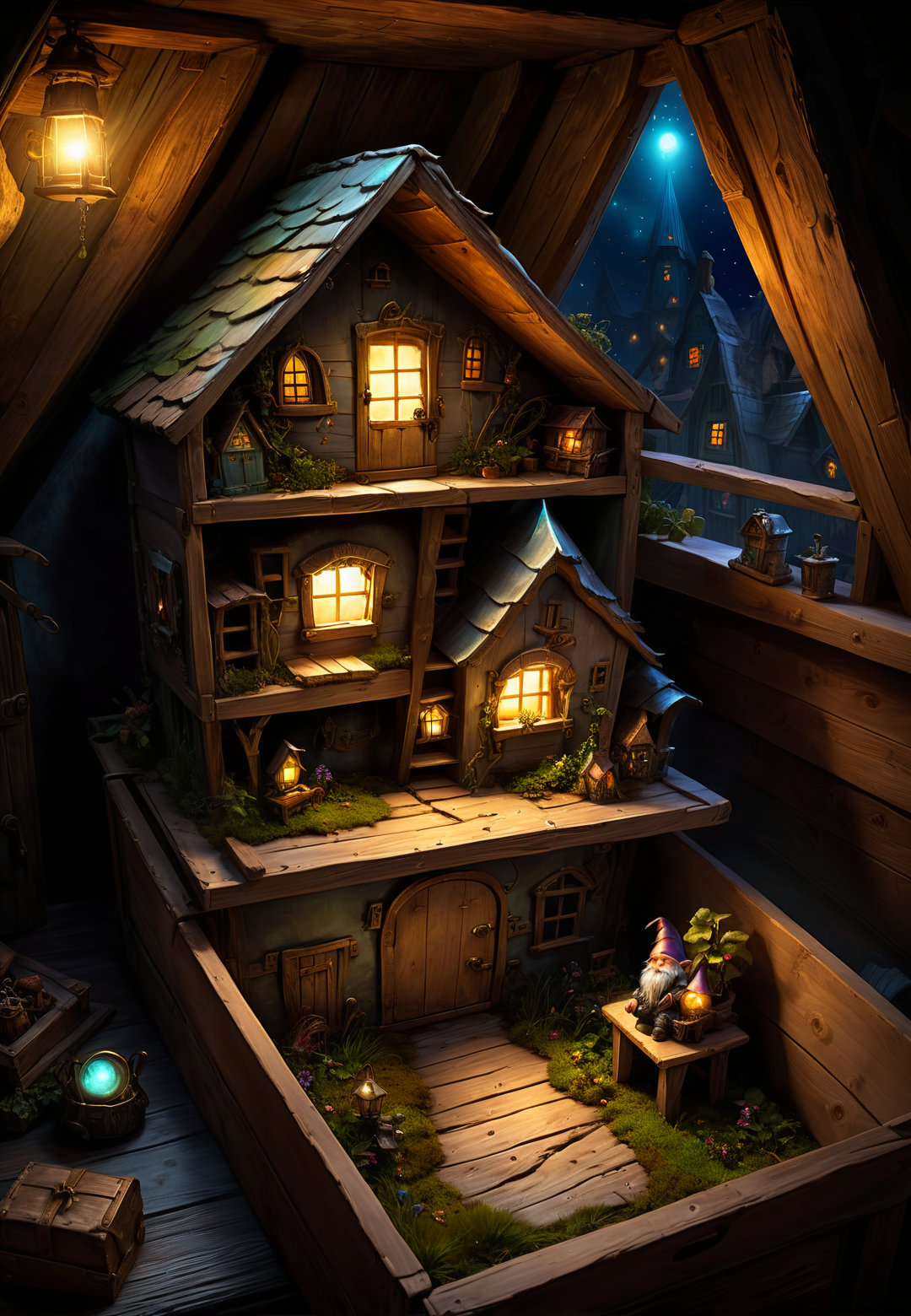 a forgotten lost gnome house inside of a box in an attic, fantasy, whimsy, from above, 3/4 view  fantasy art, dark attic, glowing city lights
