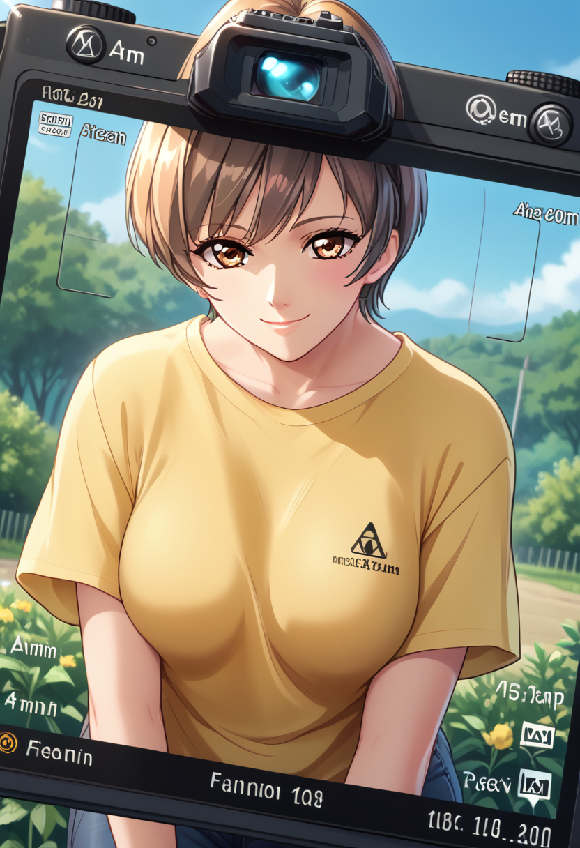 score_9, score_8_up, score_7_up, BREAK maedan, 1girl, short hair,brown hair,brown eyes,yellow t-shirt,jeands,zoo,day,outdoors,looking at viewer,smiling<lora:Maeda:1>,IncrsViewFinder,viewfinder, <lora:ViewfinderCamera_XLPD:1>