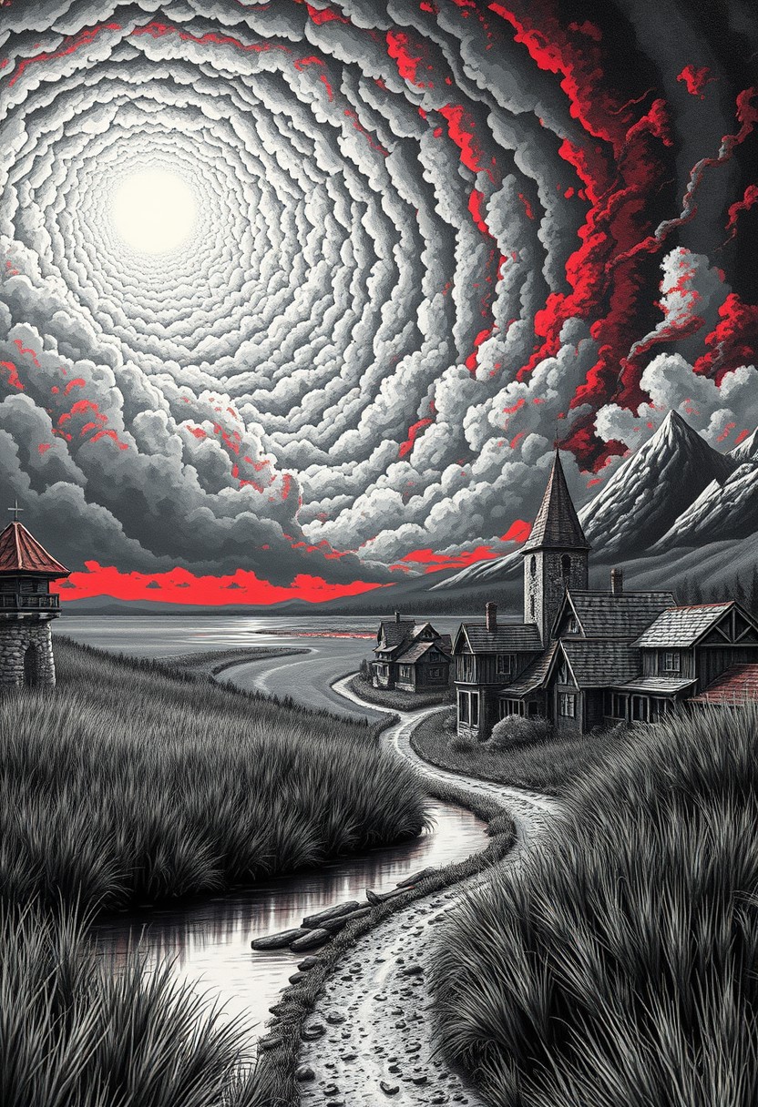 look from downhill river, faraway view , monochrome, best quality, absurd resolution, 26k wallpaper, with hints of red, oil-matte painting, busy skies, circular shape clouds, watchtower, intricate clouds, drawing masterpiece, very tall grass that is bend by the strong wind, night, beautifully crafted architecture, calm and relaxing art, black and white, fantasy village, houses made out of stone and wood with dirt roads, swamp far away, creative perspective, the skies are red, some houses are multi story, detailed wheat field, strong wing bends the tall grass, at the background there is a huge storm coming consuming the calm skies, surreal thunders coming out of that detailed sky, far from a peaceful village, corrupt ground under the storm far away, great sense of scale, mountains to the right side of the frame, UHD, very good quality, slight fog, smooth, sharp